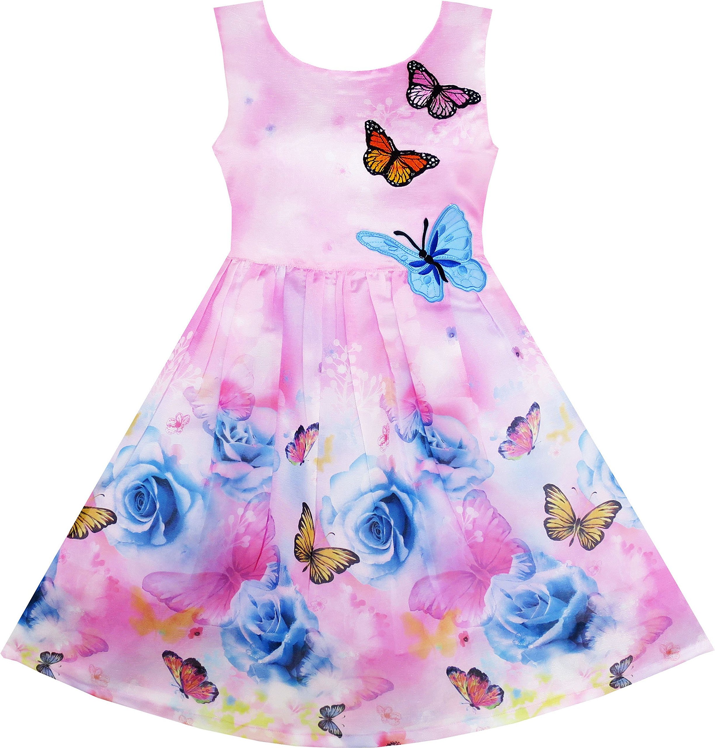 Sunny Fashion Girls Summer Dress with Rose Flower Print & Embroidery - Purple Floral Dress for Kids, Birthday Party, Photo Shoot & Special Occasions