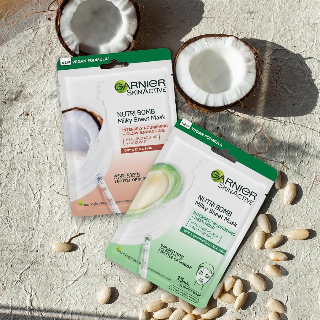 Garnier Nutri Bomb Milky Sheet Mask with Almond Milk & Hyaluronic Acid - Hydrating & Nourishing Face Mask for Glowing Skin - Vegan Tissue Mask for Dry Skin Care - Perfect for Nighttime Skincare Routine & Spa Days