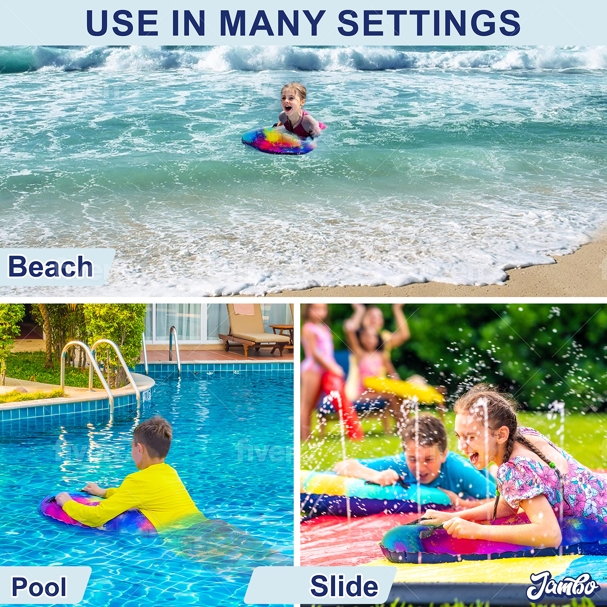 JAMBO Inflatable Body Board with Handles - Lightweight Boogie Board for Surfing, Swimming & Floating - Perfect Beach & Pool Toy for Kids - Great for Ocean Waves, Pool Parties & Summer Water Fun