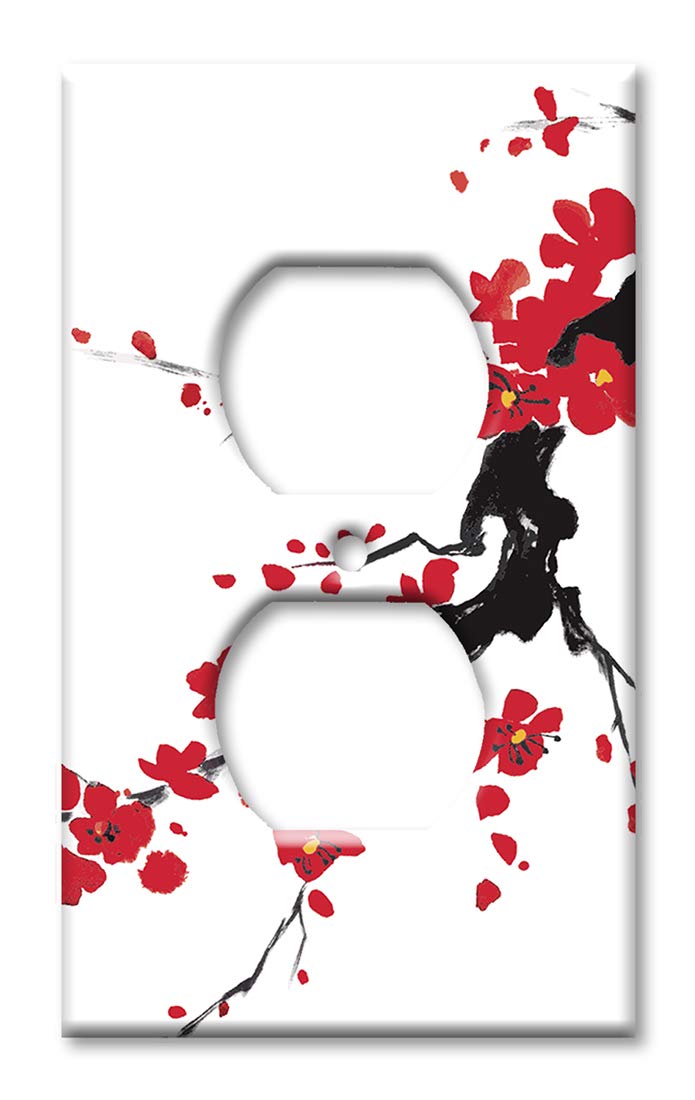 Decorative Metal Wall Plate - Red Blossoms Art Design Duplex Outlet Cover | Made in USA | Perfect for Living Room, Bedroom & Home Decor