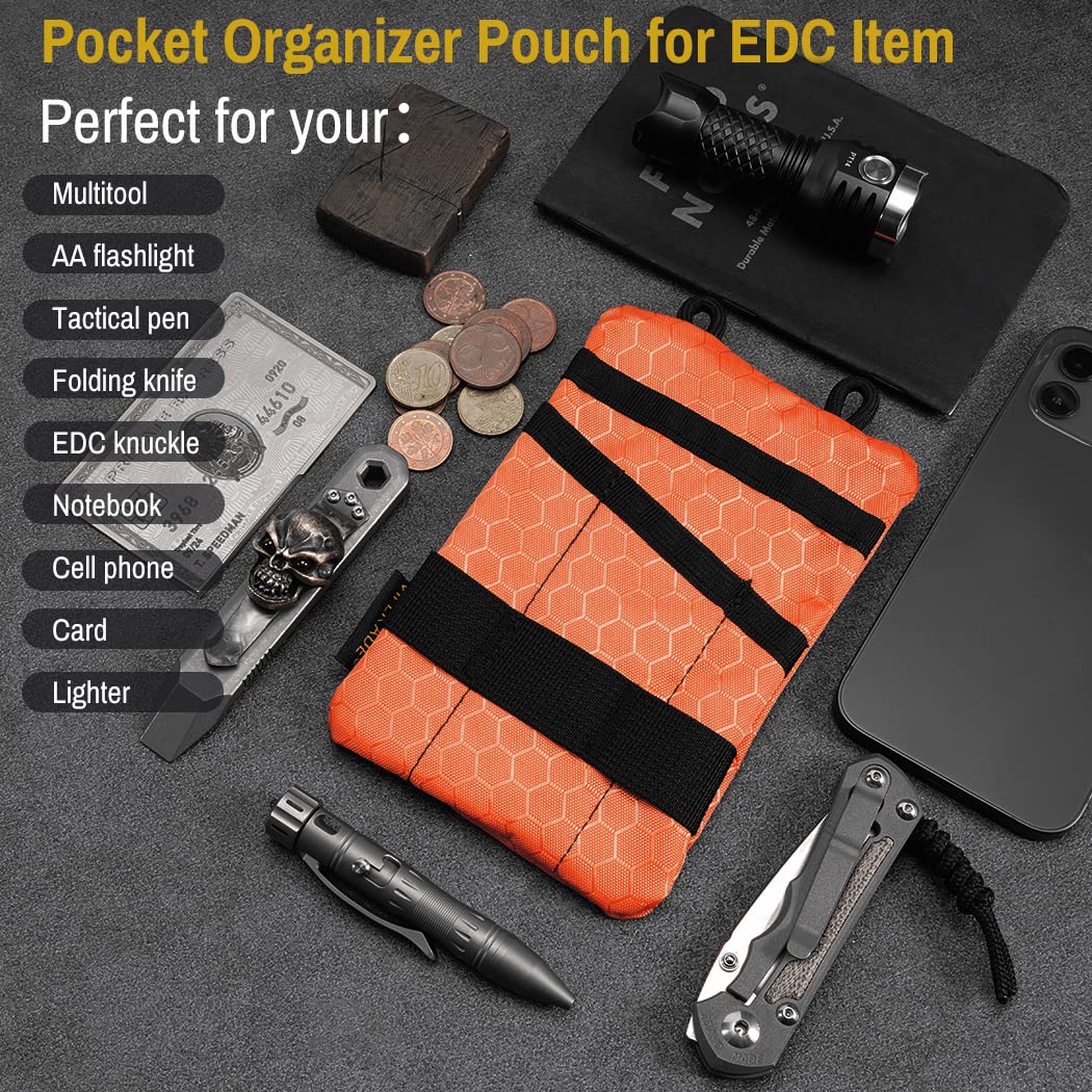 Viperade VE1-P EDC Pocket Organizer for Men - 5-Slot Tool Pouch for Flashlight, Pocket Knife, Tactical Pen & Gear (Orange) | Compact Everyday Carry Storage for Outdoor, Camping & Work