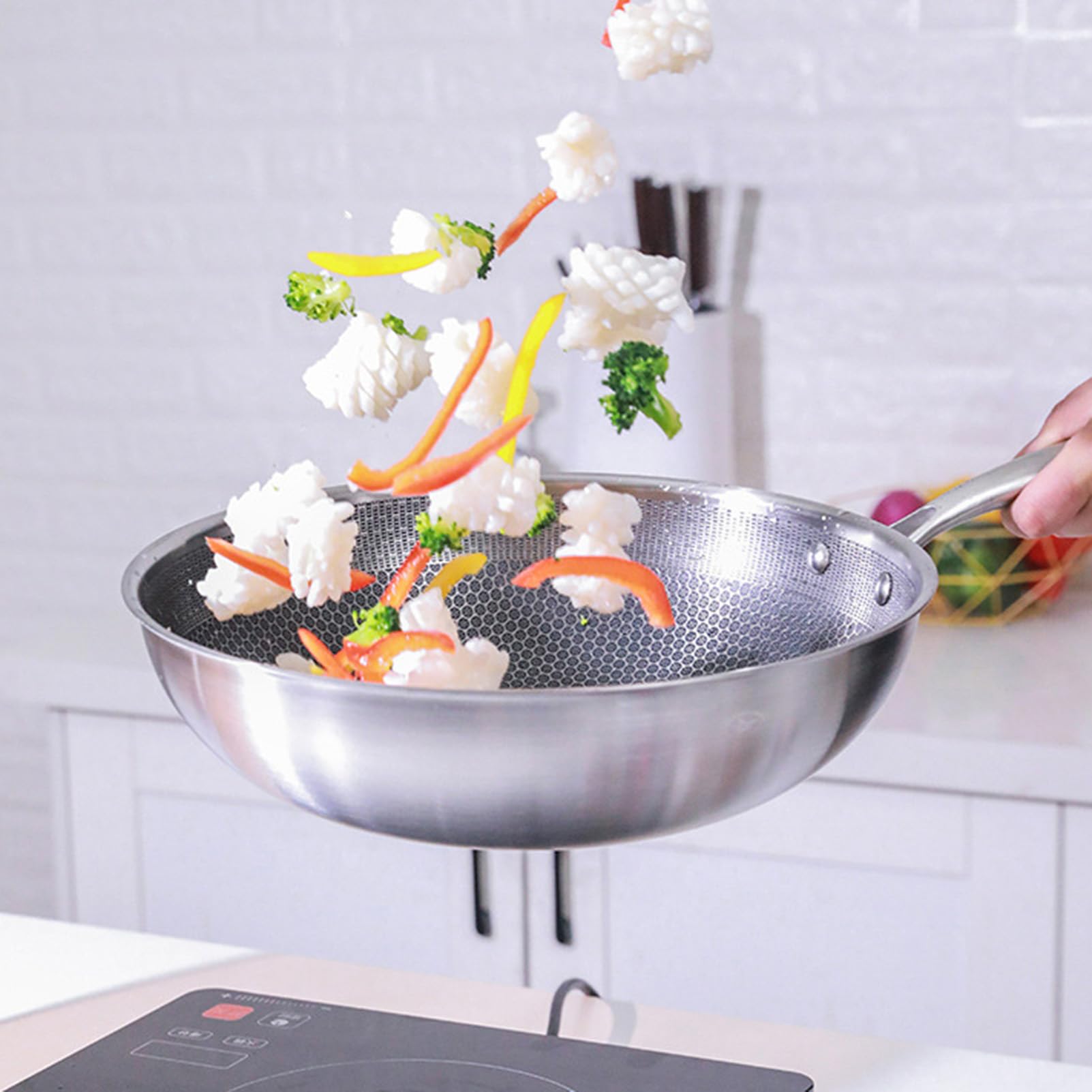 Premium Carbon Steel Wok Pan with Glass Lid - 14