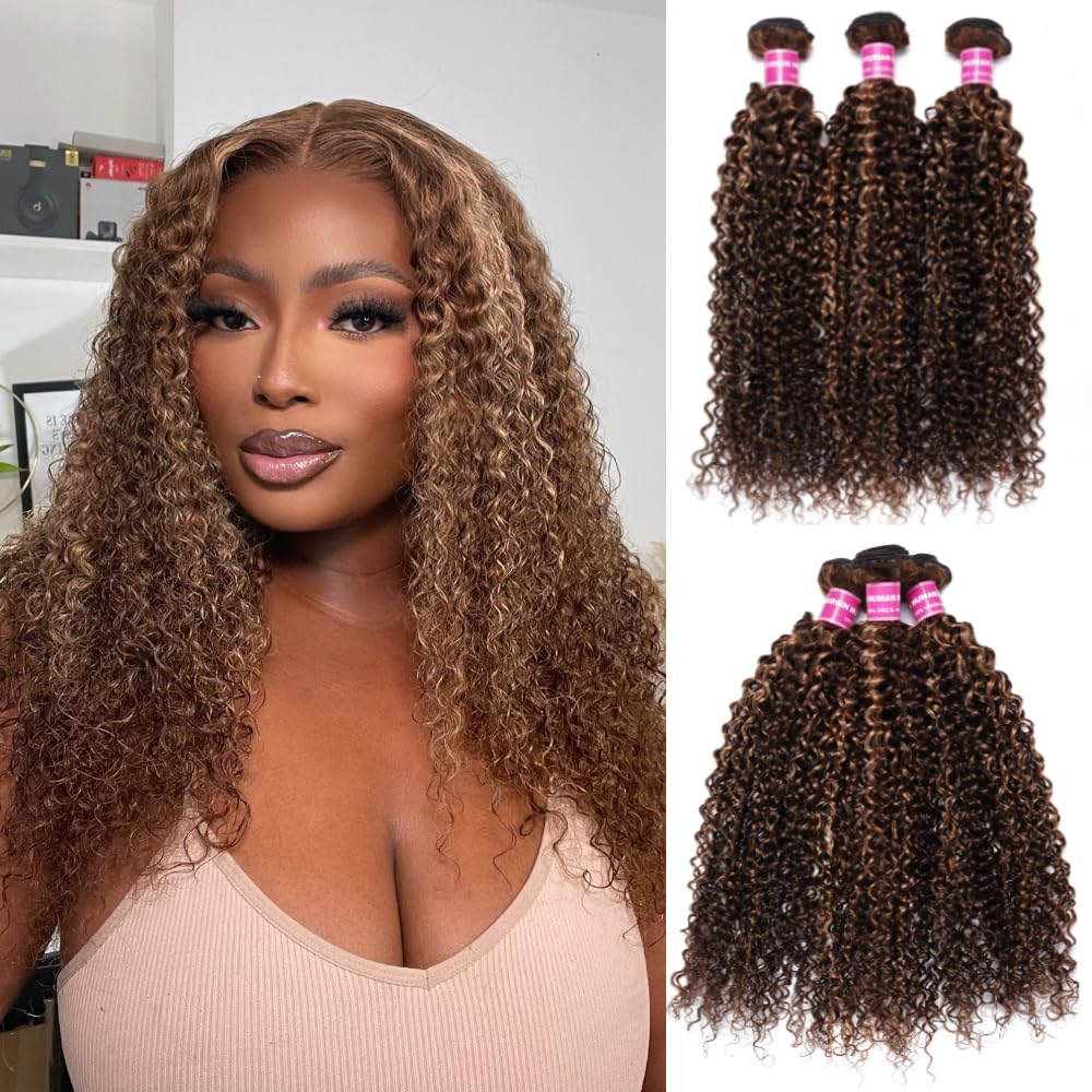Julia Hair 12A Brazilian Curly Human Hair Extensions - Honey Blonde Highlight Weave Bundles (16/18/20 Inch) for Sew-in | Natural Looking Hair Extensions for Parties, Weddings & Daily Styling