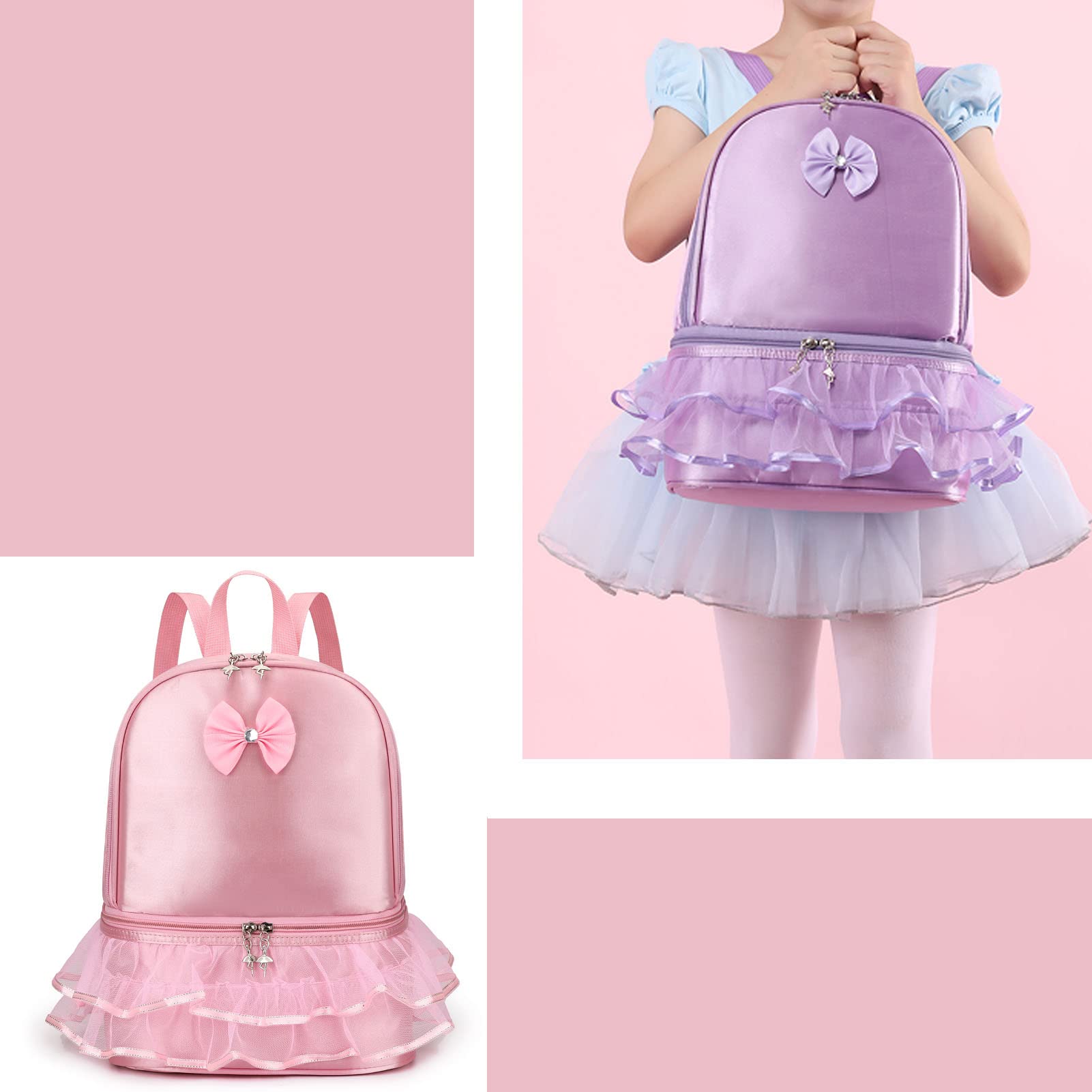 Yitengteng Pink Ballet Backpack for Girls - Lightweight Dance Bag with Separate Shoe Compartment, Ideal for Ballet, Gymnastics, Latin Dance, Yoga, and Toddler Activities