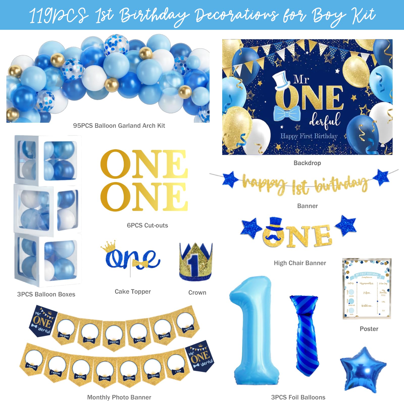 1st Birthday Decorations for Boys - Baby Boy First Birthday Party Supplies | Little Mr Onederful Theme Decor | One Year Old Birthday Party Ideas for Boys - Perfect for Baby's First Birthday Celebrations, Photo Backdrops & Cake Smash Sessions