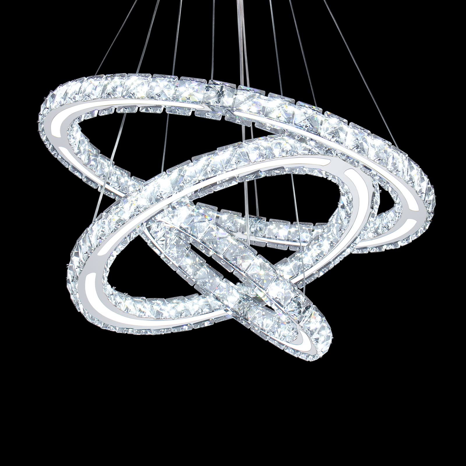 Modern LED Crystal Chandelier - 3 Ring Adjustable Ceiling Light Fixture with Cool White LEDs for Living Room, Dining Room, Bedroom & Hallway | Elegant Home Lighting for Parties, Weddings & Interior Decor