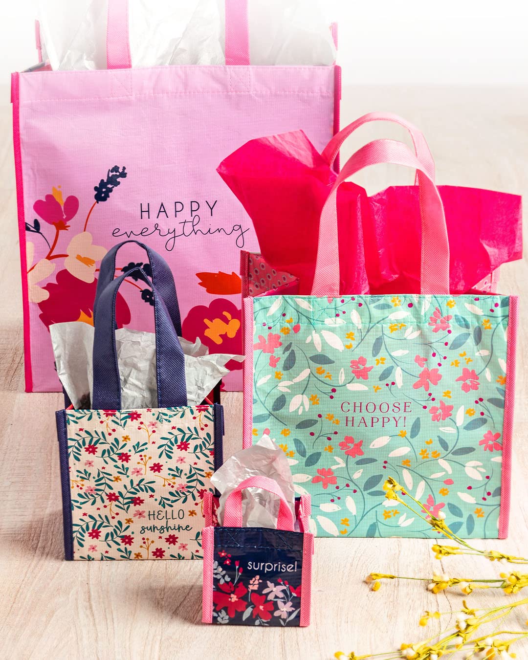 Eco-Friendly Karma Reusable Gift Bags - Durable Tote & Party Gift Bags with Handles - Perfect for Birthday Presents, Christmas Gifts & Events (Pack of 2, Large RPET Happy Bags) - Great for Holiday Wrapping, Baby Showers & Sustainable Gift Giving
