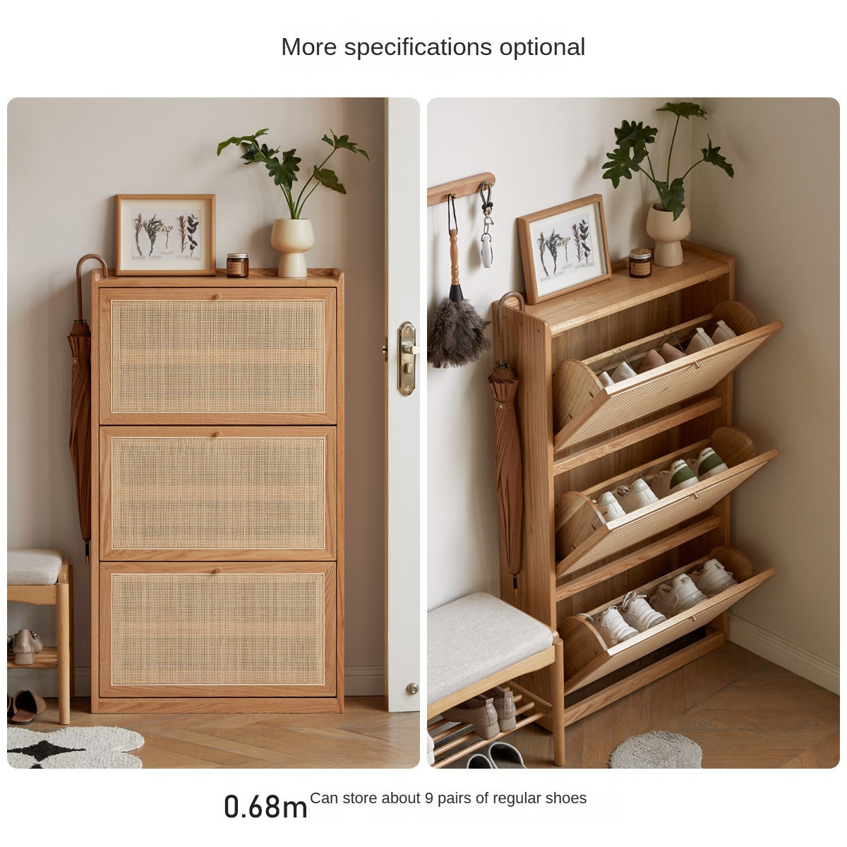 Oak Solid Wood Ultra Thin Flap Door Rattan Shoe Cabinet - Space Saving Entryway Storage Organizer for Hallway, Closet & Mudroom