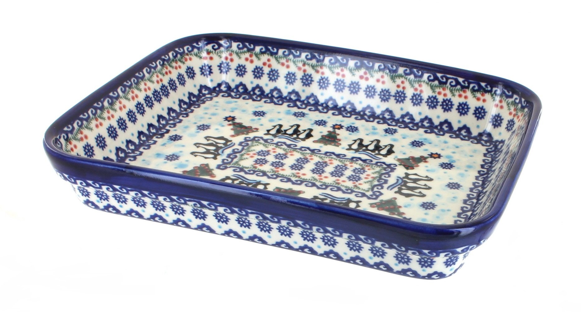 Blue Rose Polish Pottery Arctic Holidays Small Rectangular Baker - Handmade Ceramic Baking Dish for Holiday Cooking, Christmas Gifts & Home Decor