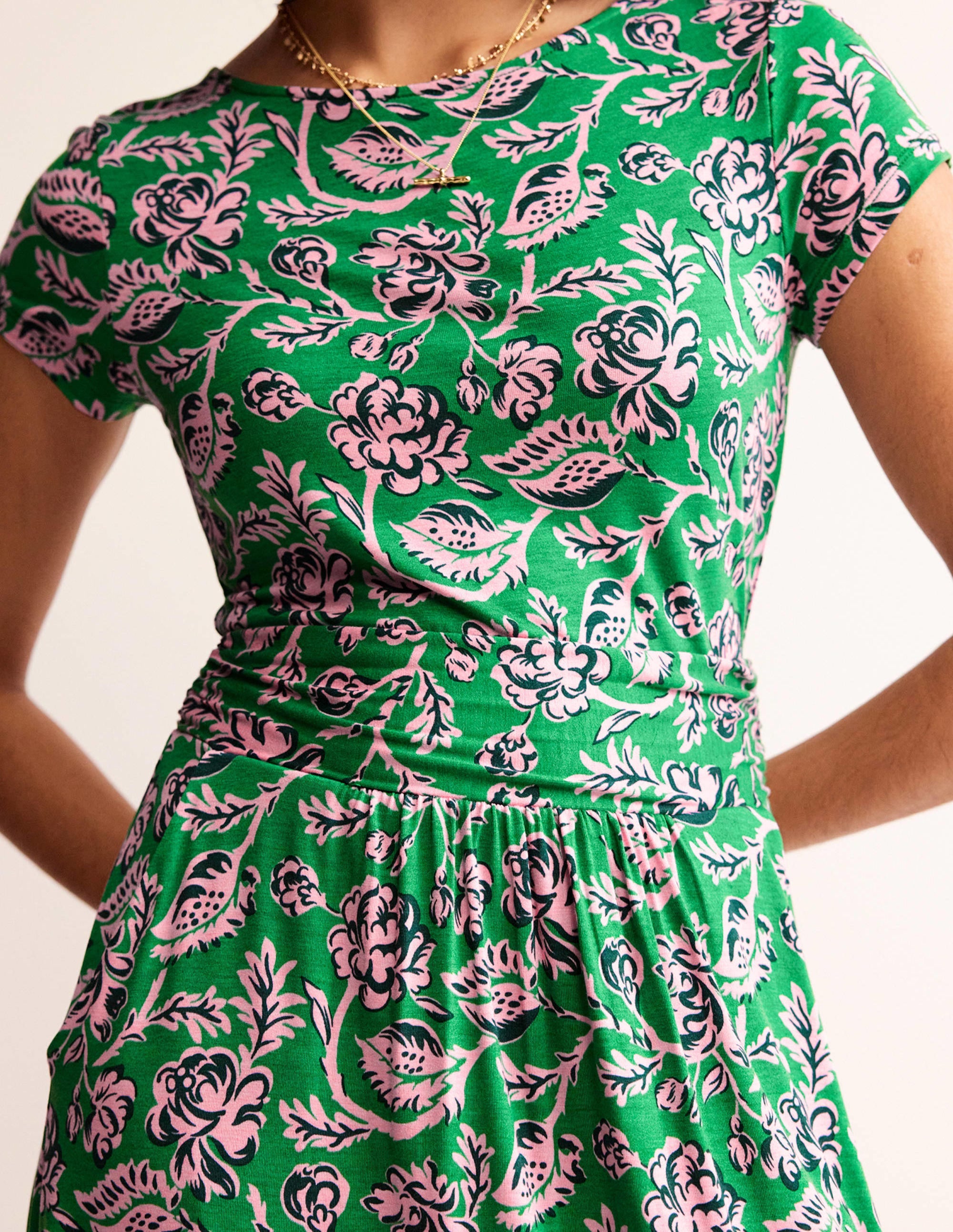 Amelie Jersey Dress in Green Tambourine & Rose Blush - Comfortable Stretchy Knit Dress for Women, Perfect for Casual Outings, Date Nights & Summer Vacations