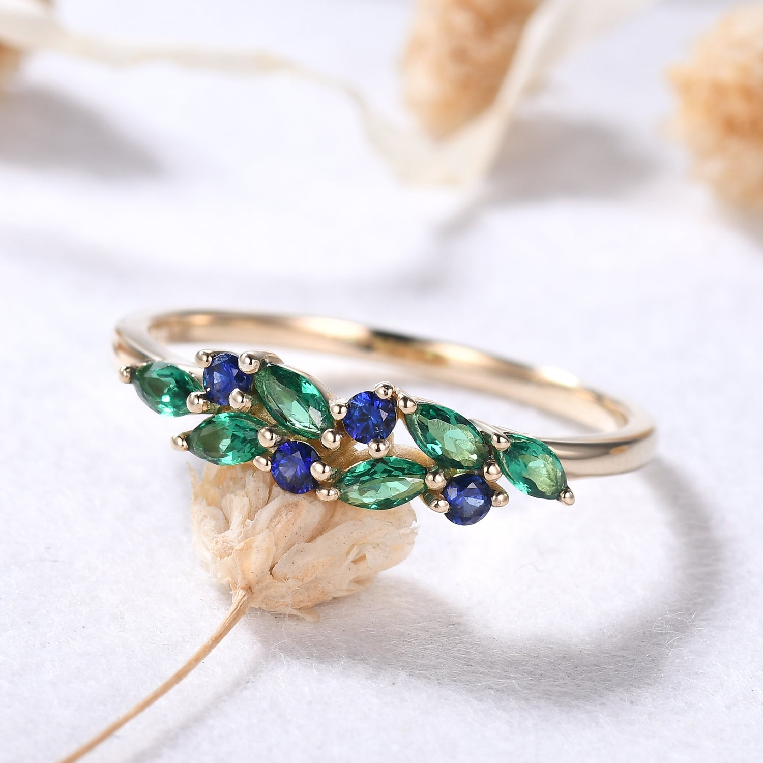 Vintage Emerald Sapphire Yellow Gold Ring - Green & Blue Gemstone Wedding Band for Women - Perfect for Engagement, Anniversary & Special Occasions