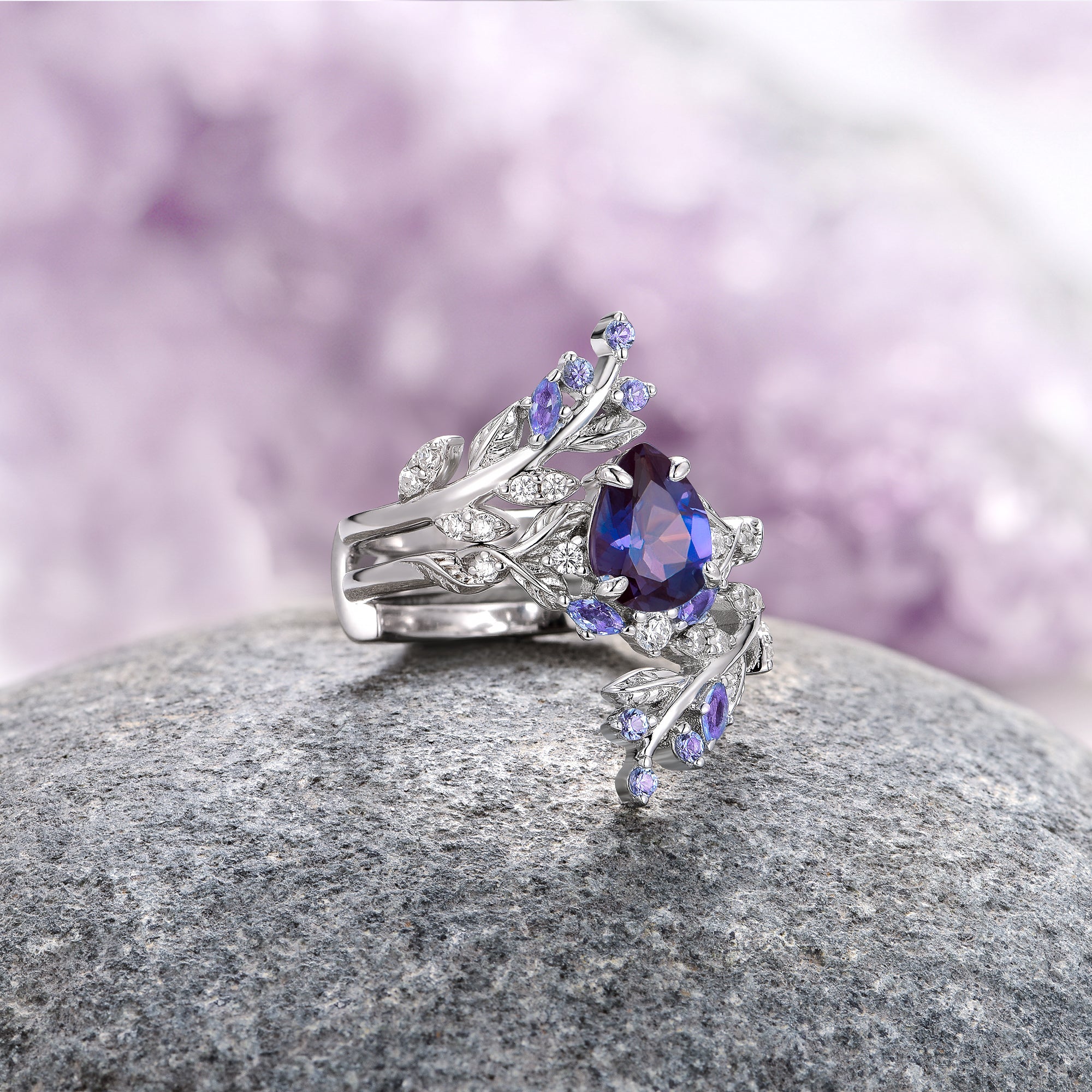 Wisteria Alexandrite Fairy Leaf Ring Set - Sterling Silver Jewelry for Women, Vintage Style Two-Piece Ring Collection | Perfect for Weddings, Parties & Everyday Elegance