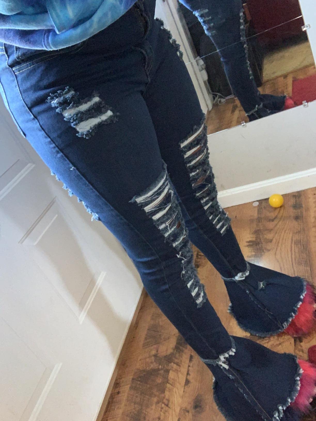 Women's High Waisted Bell Bottom Jeans - Distressed Ripped Flare Denim Pants with Elastic Waist & Raw Hem | Retro 70s Vintage Style for Casual Outfits & Music Festivals