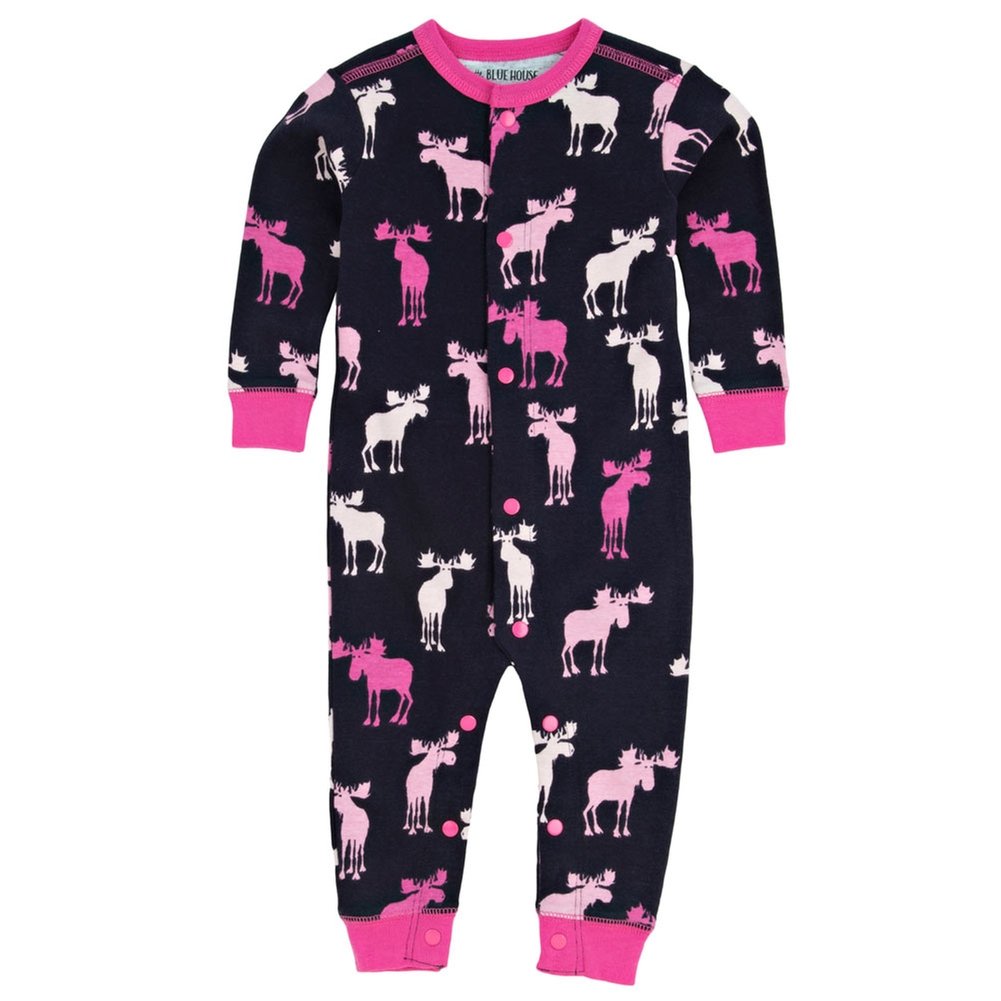 Old Glory Pink and Navy Moose Baby Girl Sleepy Romper - Soft Cotton Pajamas for Infants & Toddlers - Perfect for Bedtime, Playtime & Photo Shoots
