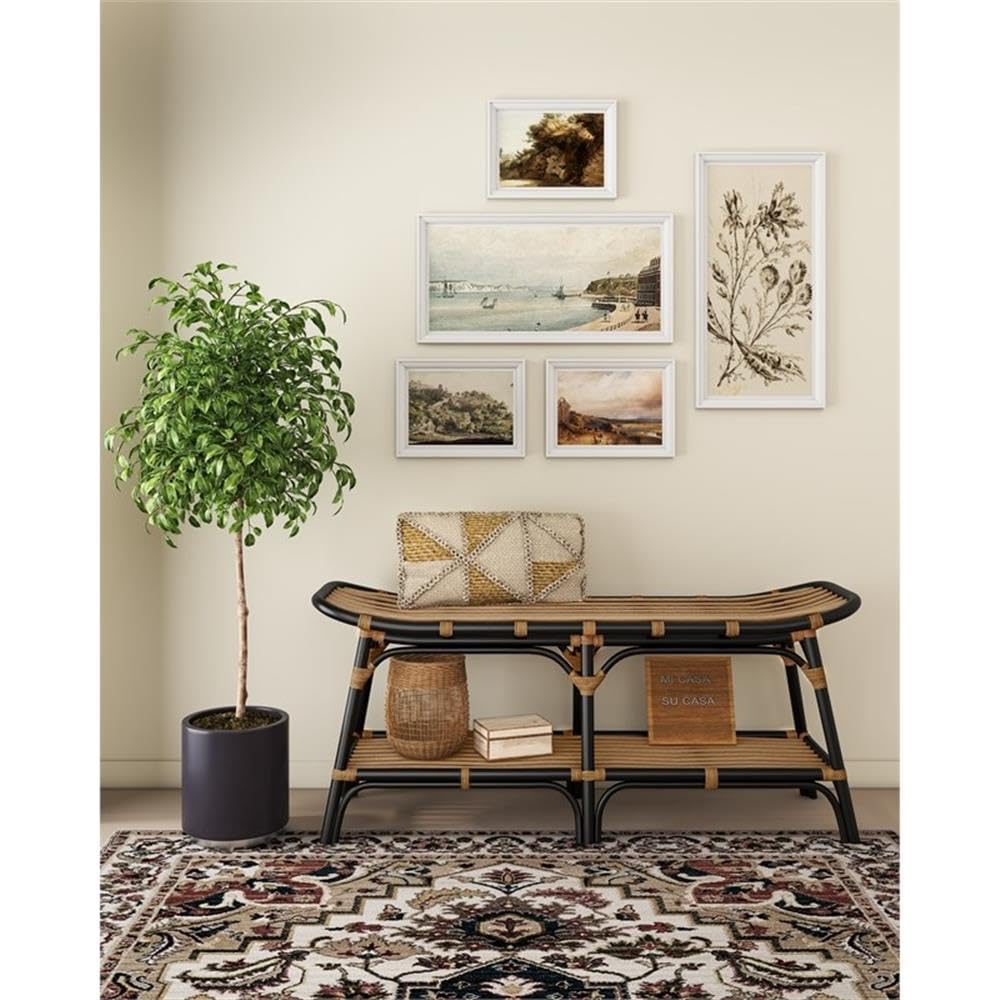 Damara Rattan Bench with Shelf - Black Outdoor Furniture for Patio, Garden, and Entryway Decor