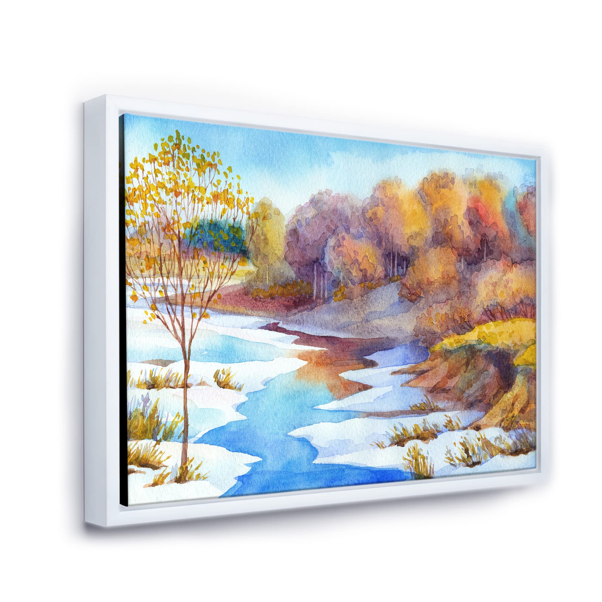 DesignQ Stream In Winter Forest Valley - Lake House Framed Canvas Wall Art Print for Living Room, Bedroom & Office Decor | Nature Landscape Painting for Home & Wall Decoration