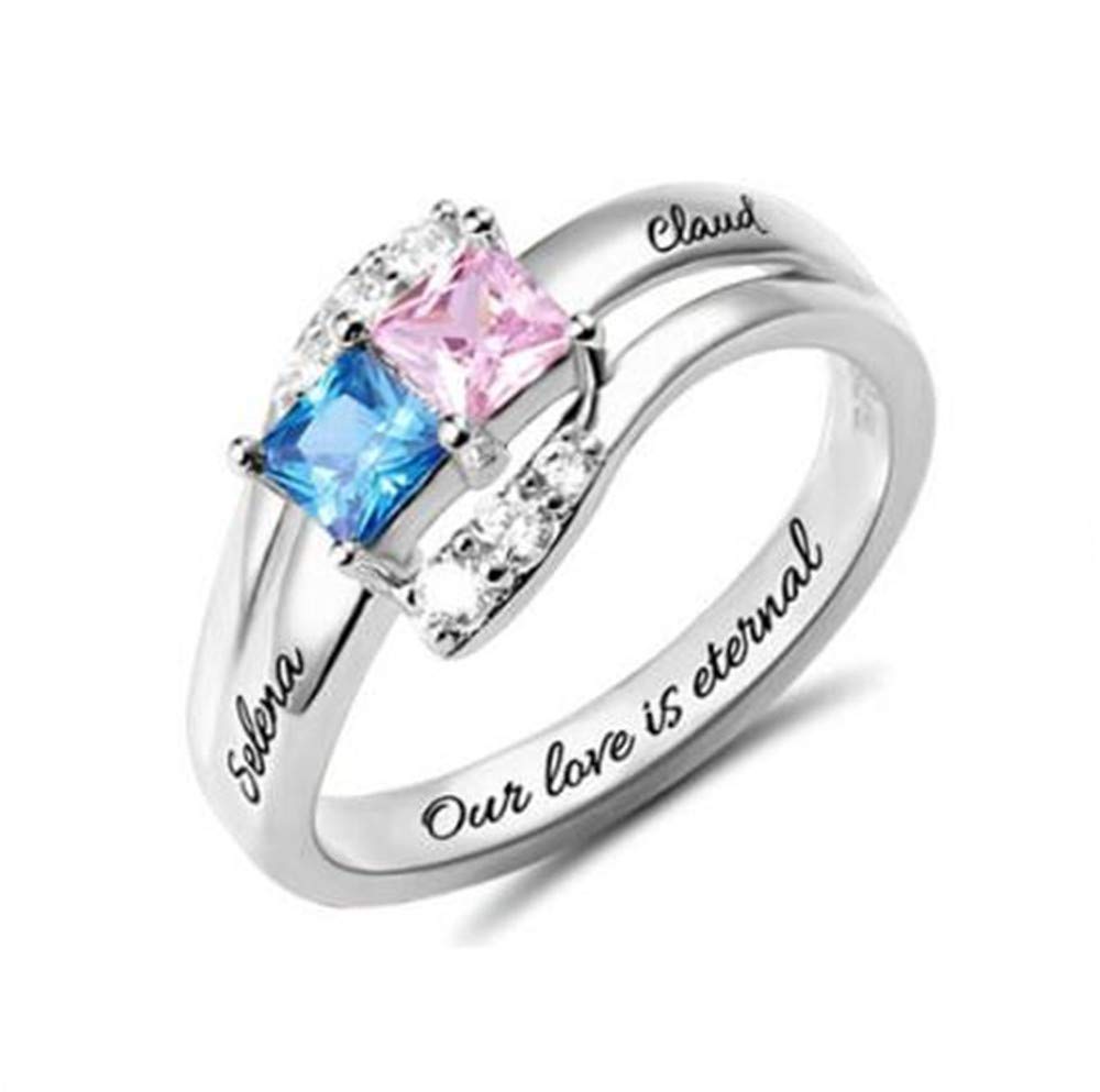 Sterling Silver Engraved Couple Promise Ring with 2 Birthstones & Custom Names - Romantic Engagement Ring for Women - Perfect for Anniversaries, Weddings & Valentine's Gifts