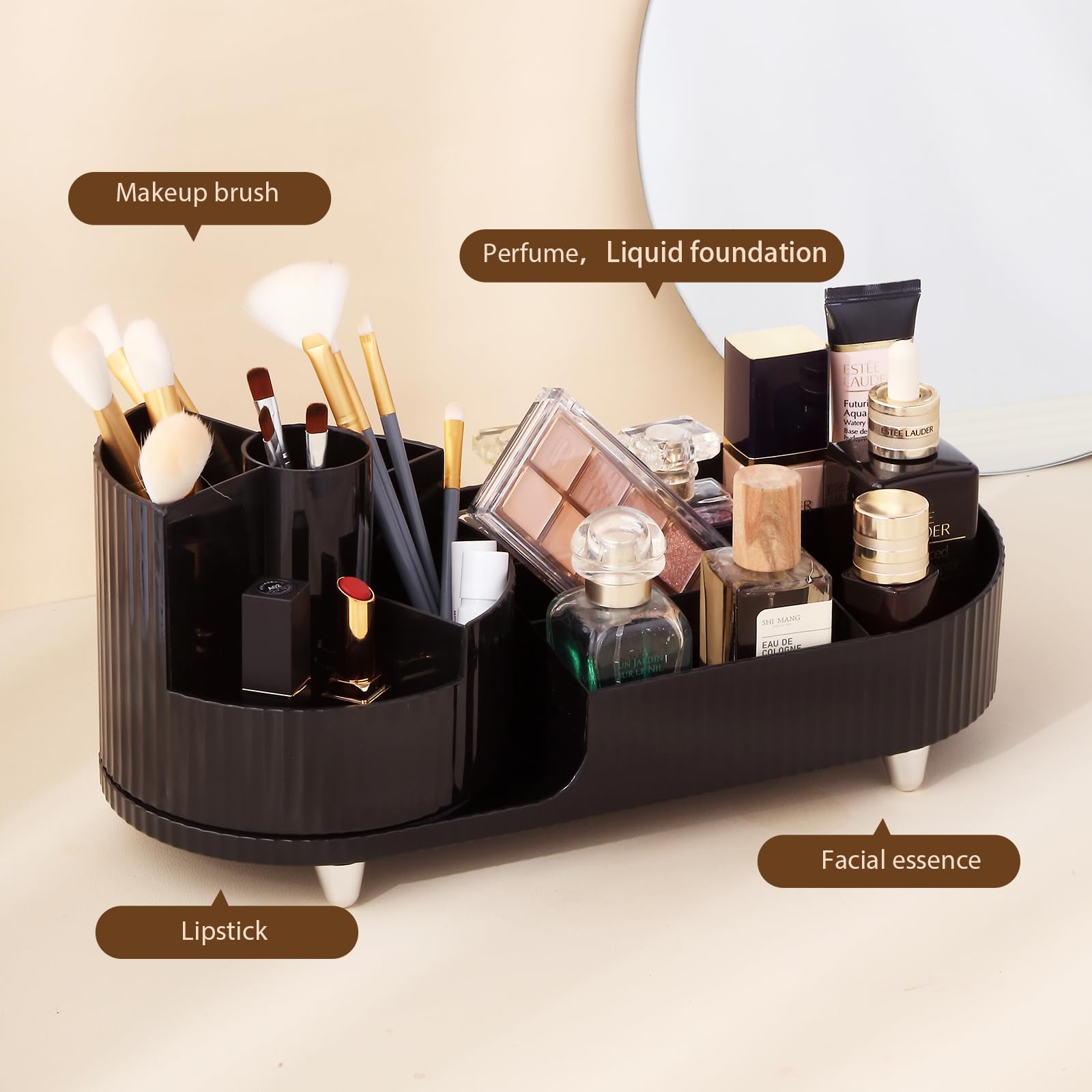 360° Rotating Makeup Organizer for Vanity | Cosmetic Storage Organizer with Brush Holder | Skincare & Lipstick Display Tray (Black) | Perfect for Bedroom Dresser, Bathroom Counter & Beauty Salon Organization