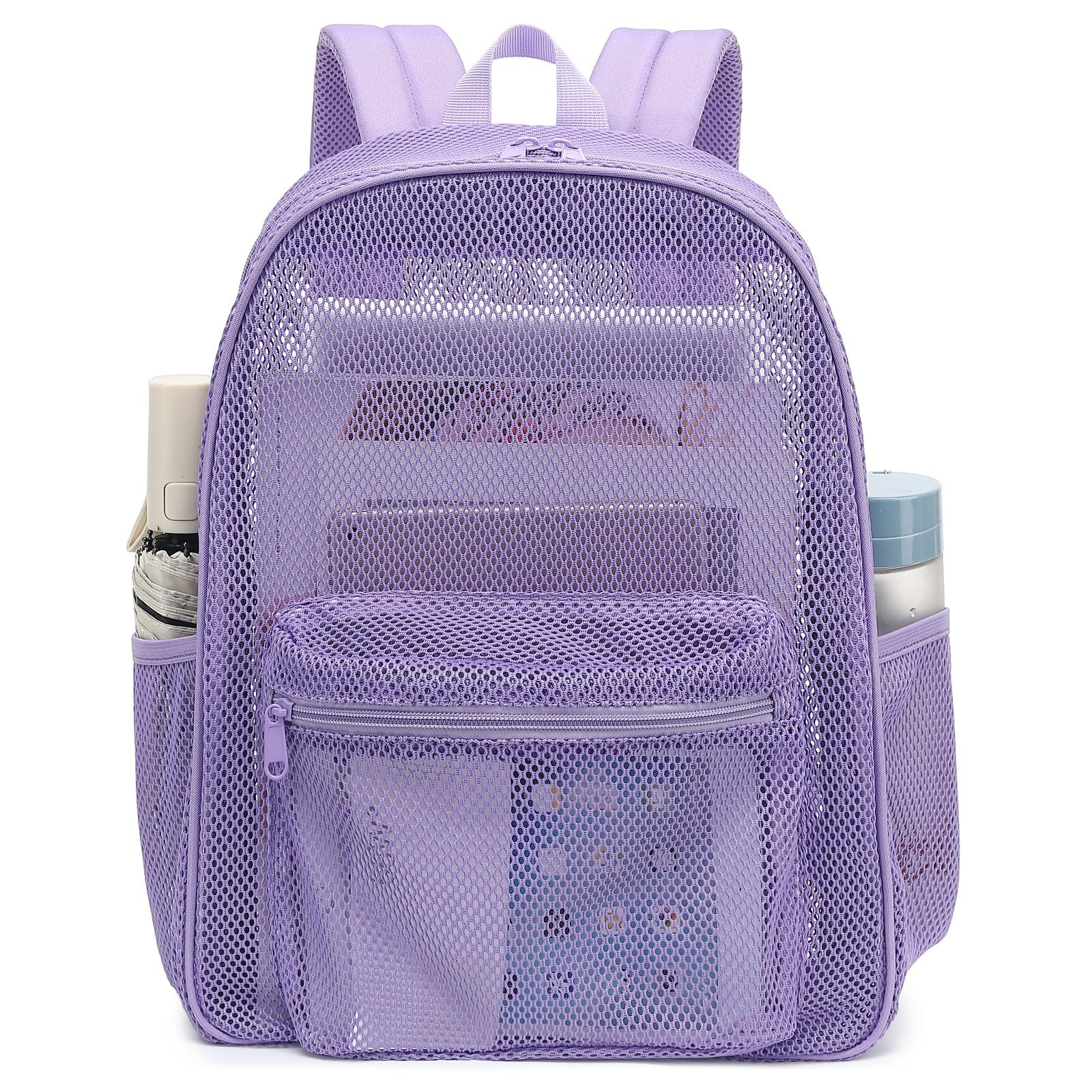 Heavy Duty Mesh Backpack - Transparent School Backpack for Work, Travel & Beach - Durable Lavender Purple Backpack for Students, Commuters & Outdoor Activities