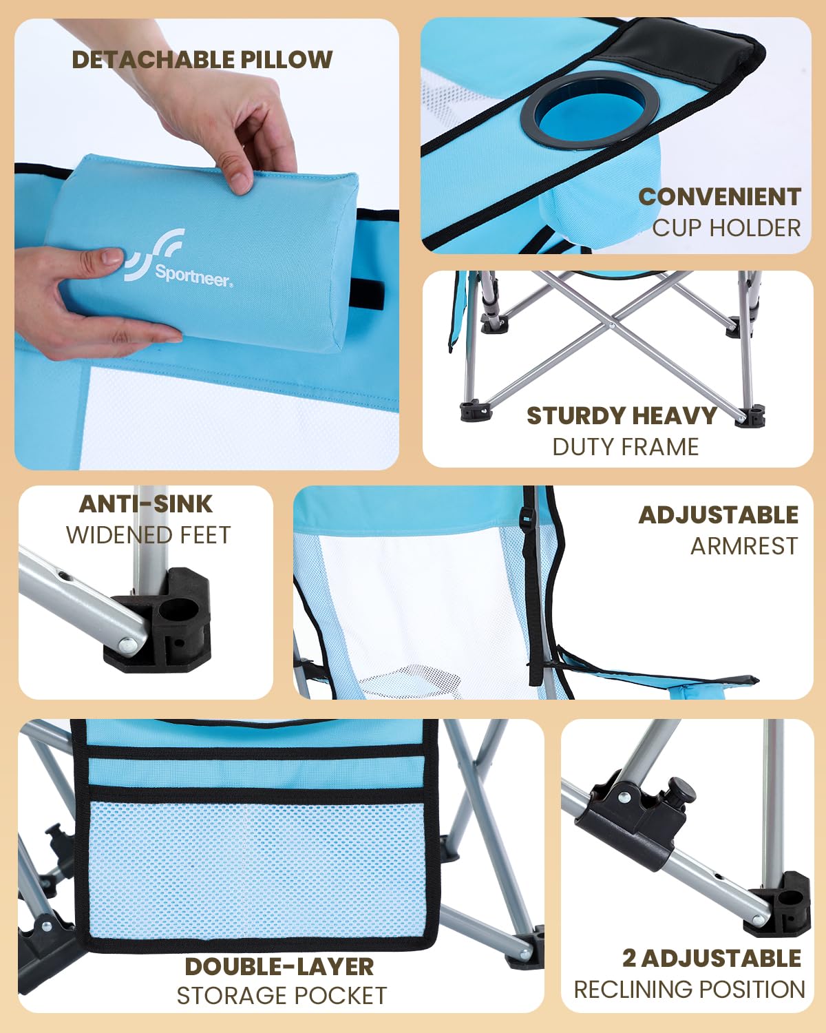 Sportneer 2 Pack Adjustable Folding Beach Chairs with Cup Holder & Side Pocket - Portable Reclining Camping Chairs for Adults, Compact Outdoor Chairs for Beach, Picnic, Backyard & Travel (Blue)