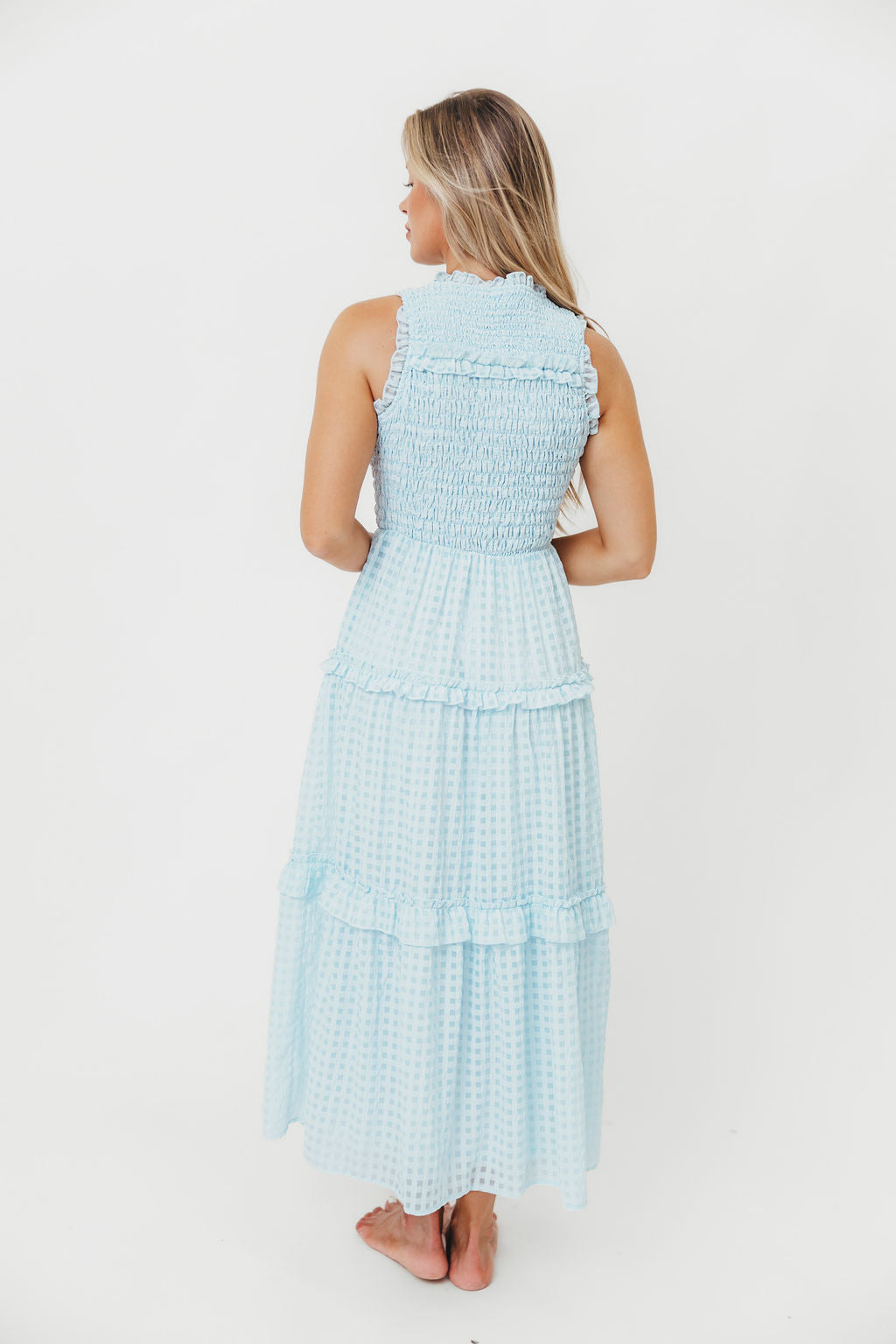 Powder Blue Hyacinth Sleeveless Gingham Maxi Dress with Ruffle Details - Perfect for Summer Beach Vacations, Garden Parties & Boho Fashion Outfits