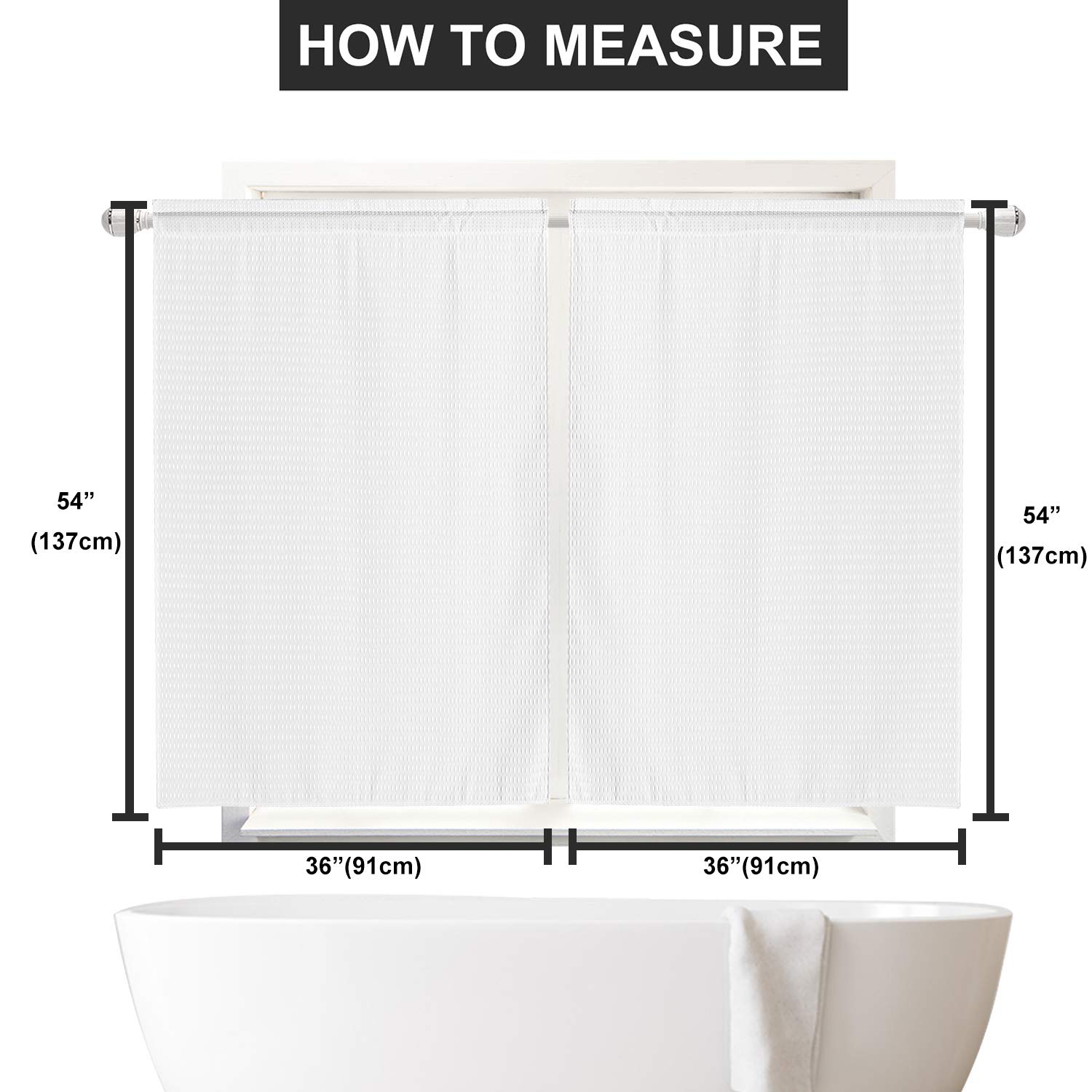 Waffle Weave Half Window Tier Curtains - 54 Inch Length for Small Kitchen & Bathroom Windows (Set of 2) | Waterproof, Washable, White | 36