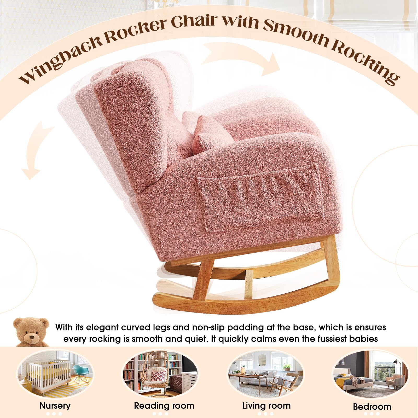 Antetek Modern Teddy Upholstered Rocking Chair - High Back Wingback Nursery Rocker with Lumbar Support Pillow, Comfortable Accent Armchair for Living Room, Bedroom & Nursery (Pink) | Perfect for Nursing, Relaxing & Nursery Decor