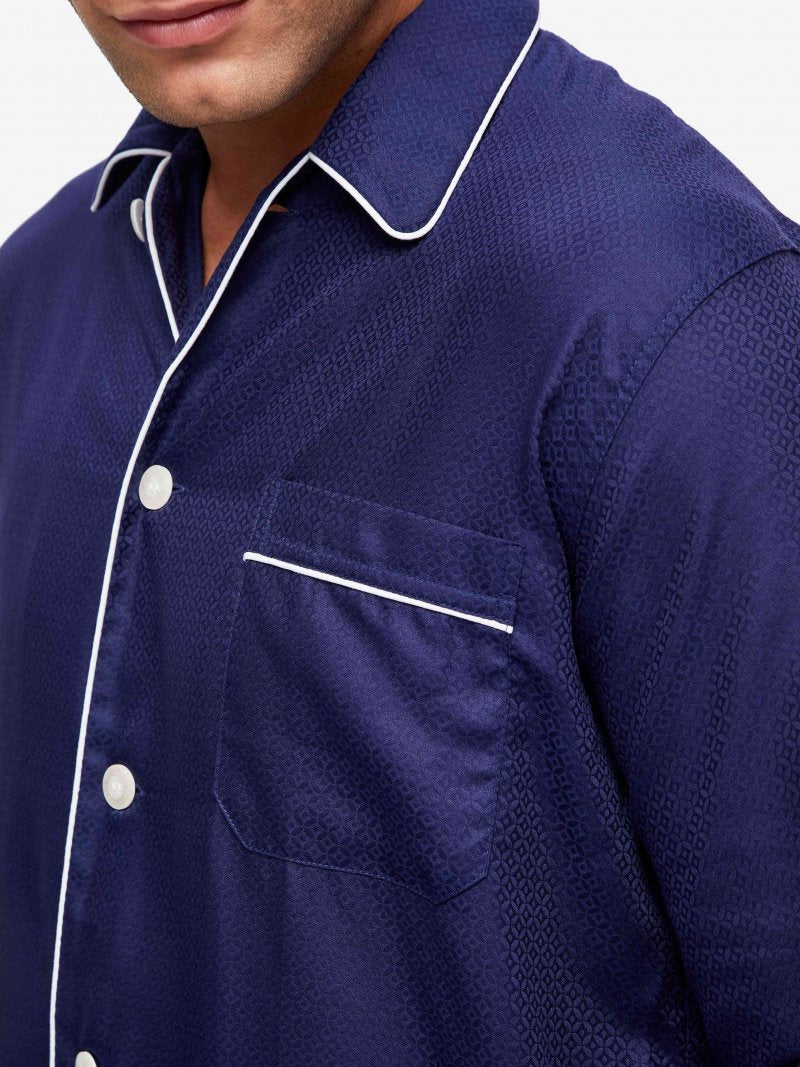 DEREK ROSE Lombard 6 Cotton Jacquard Classic Fit Pajama Set for Men - Navy Blue Sleepwear for Comfortable Nights & Lounge Wear