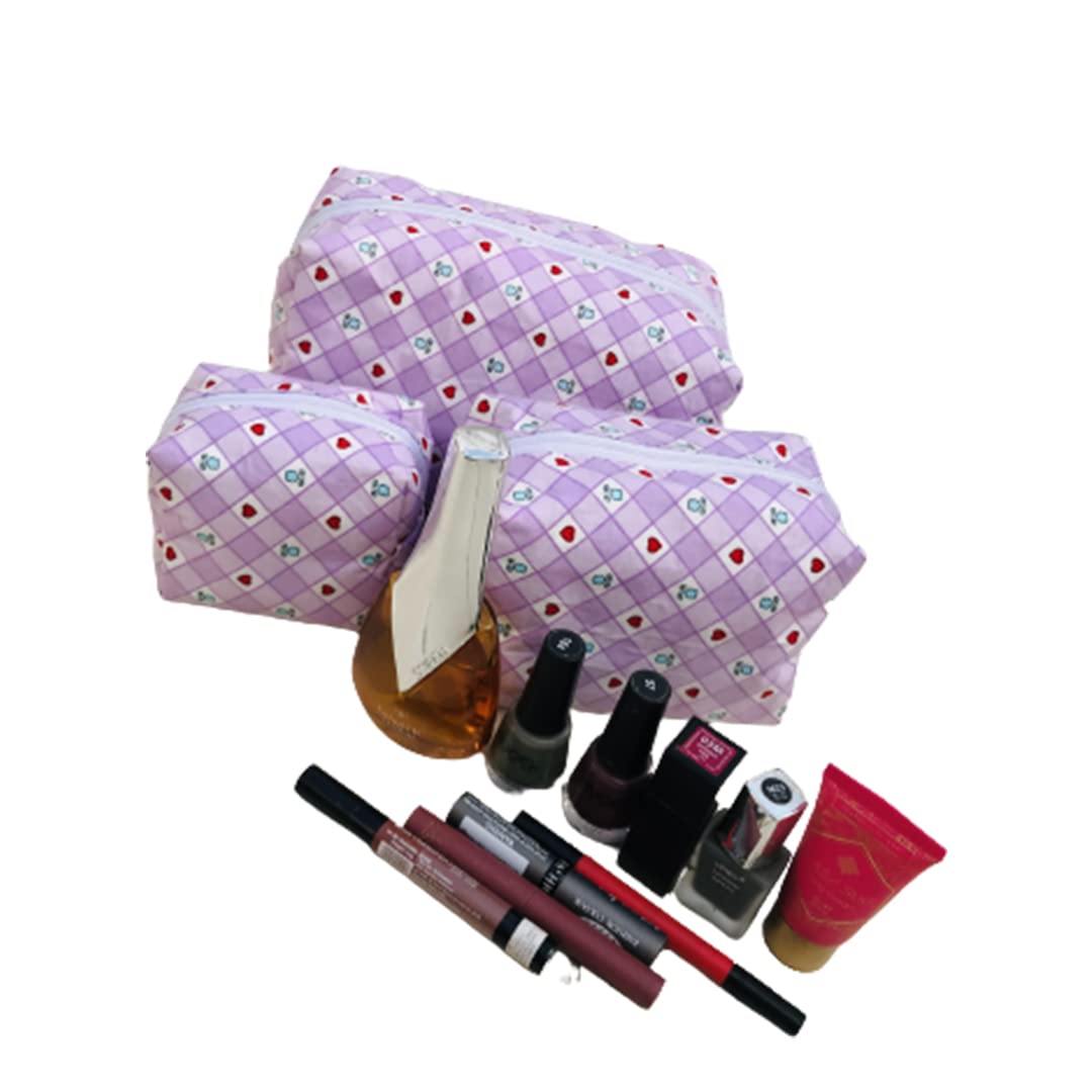 Eco-Friendly Women's Cotton Canvas Printed Pouch Set of 3 – Multi-Functional Travel Organizer for Beach, Toiletries, Cosmetics & Makeup | Large Capacity Pencil Case & Coin Purse (Pink) – Perfect for Travel, Gym & Daily Essentials Storage