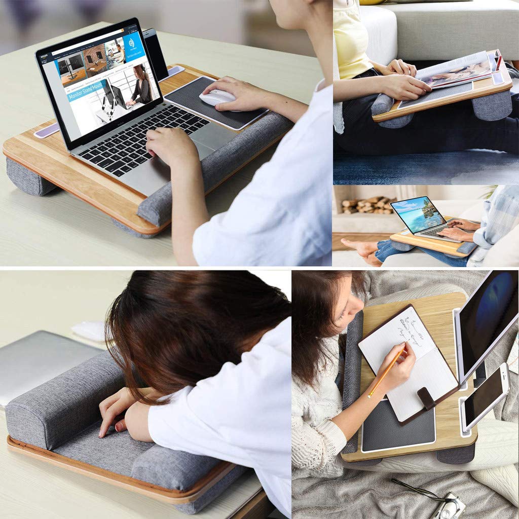 Adjustable Wooden Laptop Tray for Bed with Cushion Support - Built-in Mouse Pad & Wrist Rest for Notebook/Tablet - Includes Phone/Pen Holder for Writing & Reading (55x36.8x10cm) - Perfect for Home Office, Studying in Bed, or Relaxing with Laptop