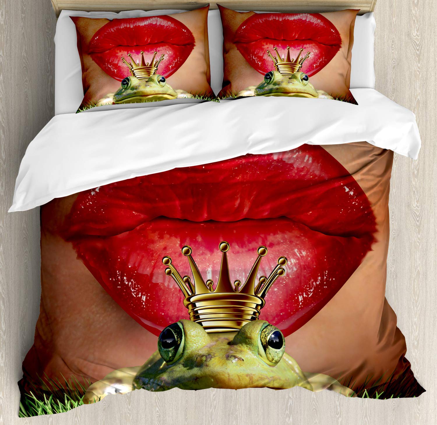 Ambesonne Animal Duvet Cover Set - Lady Finds Her Frog Prince Charming Soul Mate in Love Romance Art, 3-Piece Bedding Set with 2 Pillow Shams, California King Size, Green Red Yellow Design | Perfect for Master Bedroom, Guest Room & Fairy Tale Themed Decor