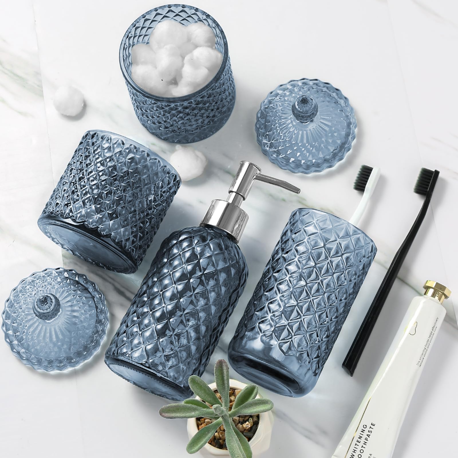 4-Piece Light Blue Bathroom Accessories Set - Diamond Glass Soap Dispenser & Toothbrush Holder | Modern Bathroom Counter Organizer Essentials for Home, Apartment & Guest Bath Decor