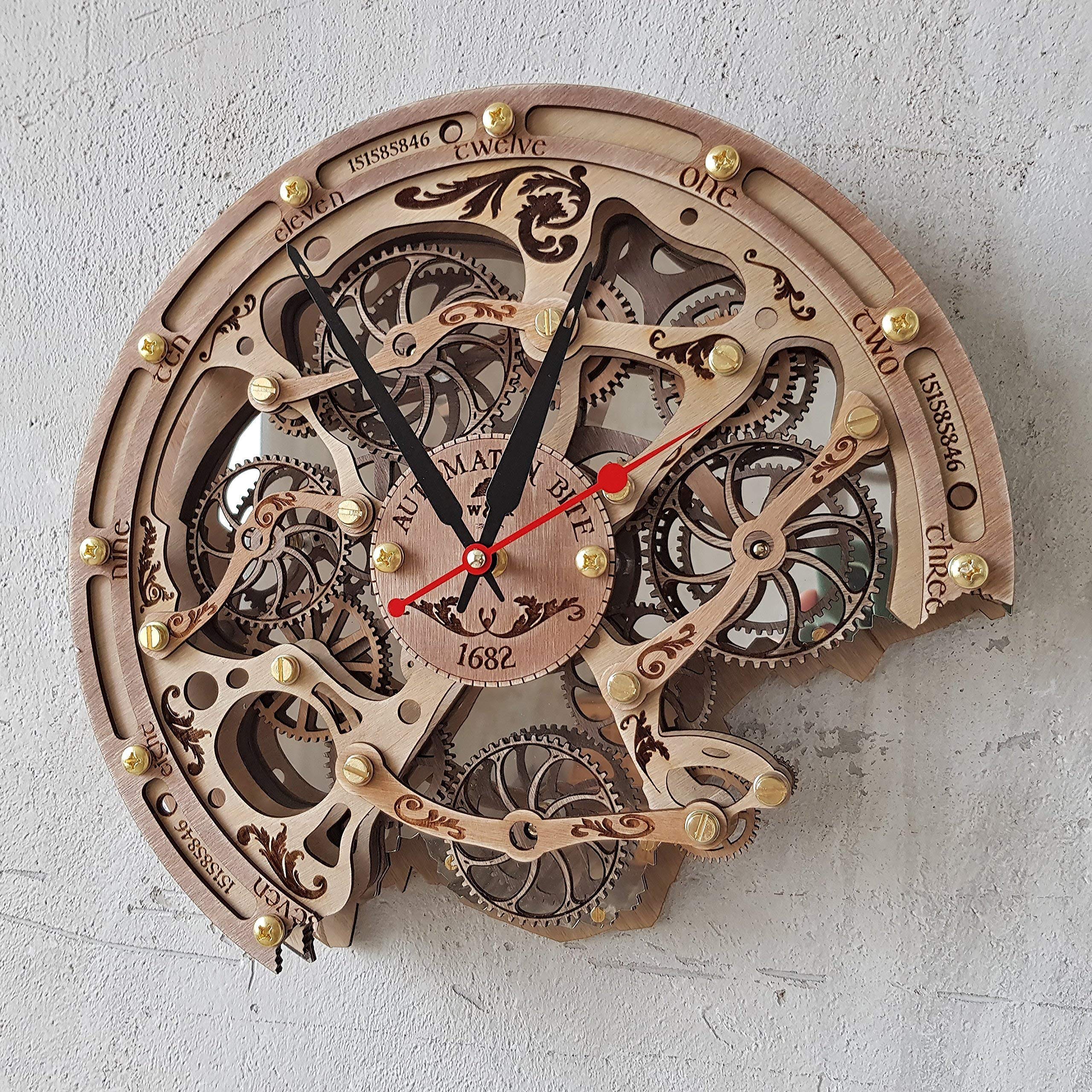 Handcrafted Steampunk Wall Clock with Moving Gears - Automaton Bite 1682 Woody by WOODANDROOT | Unique Transparent Design, Large Personalized Anniversary Gift for Home & Office Decor | Perfect for Living Room, Study or Steampunk-Themed Spaces
