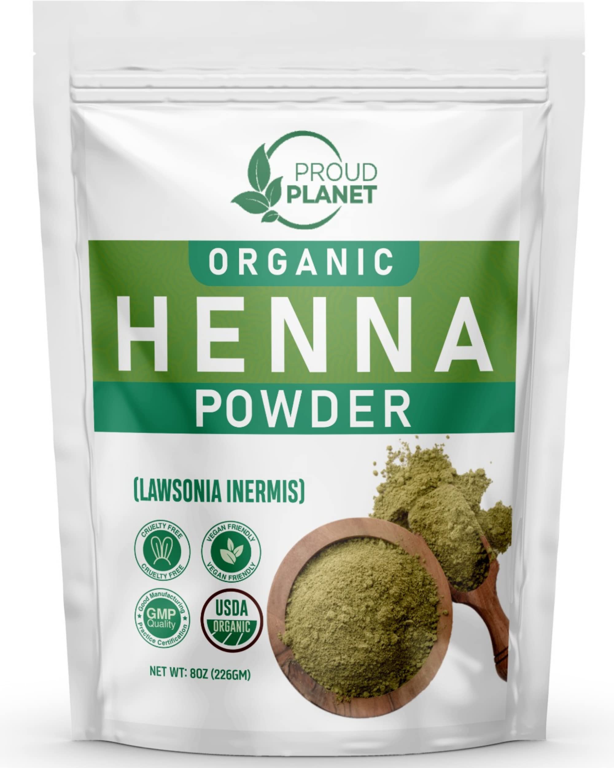 Organic Henna Powder for Hair Dye & Body Art - 100% Natural Lawsonia Inermis Mehndi Powder, USDA Certified by Proud Planet (8oz | 226g) - Perfect for DIY Hair Coloring, Tattoos, and Bridal Mehndi Designs