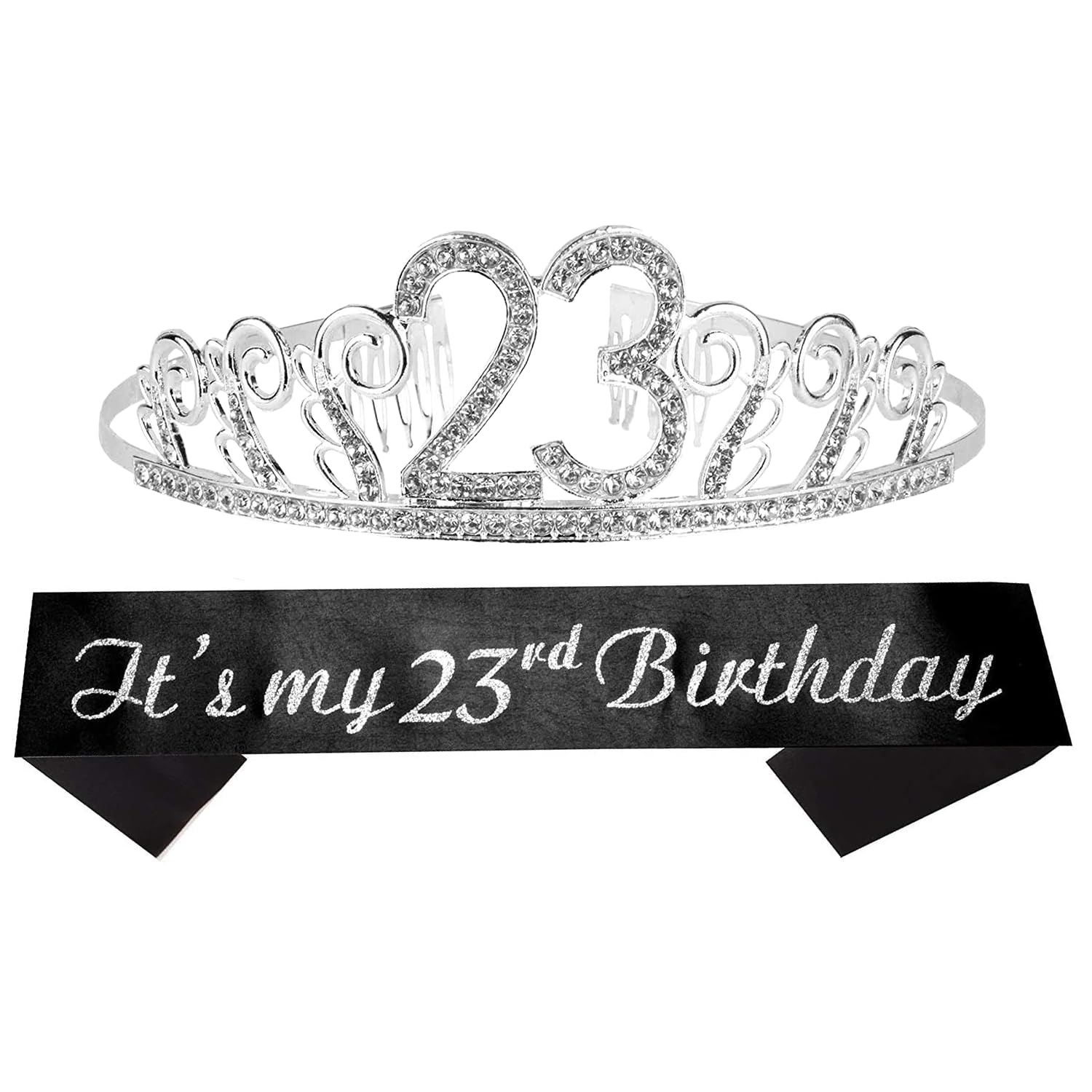 MEANT2TOBE 23rd Birthday Sash & Tiara Set for Women - Sparkling Glitter Sash with Rhinestone Silver Metal Tiara | Perfect 23rd Birthday Party Gift for Her | Great for Birthday Celebrations, Bachelorette Parties & Special Occasions