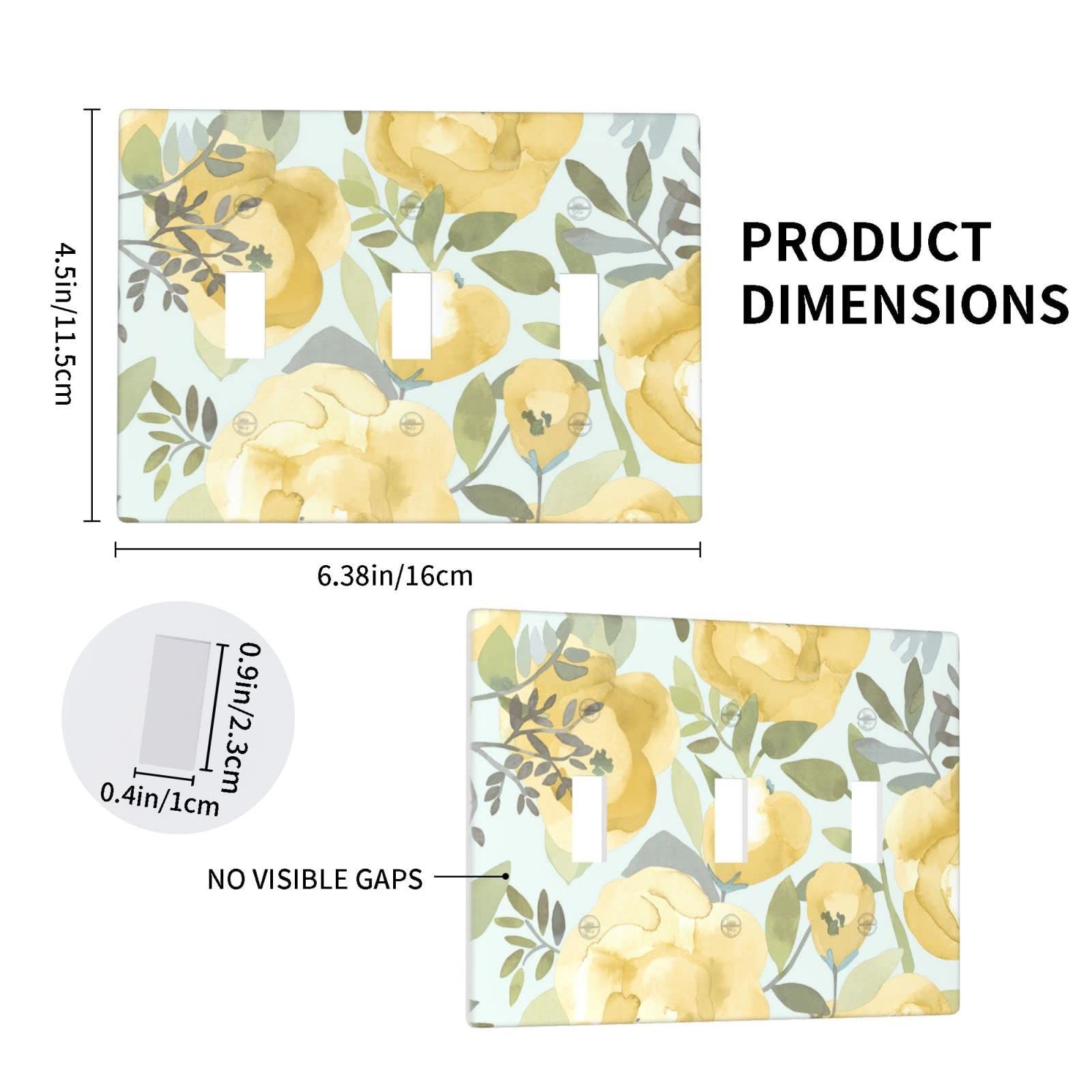 Yellow Floral Light Switch Cover - Triple Toggle Wall Plate, Decorative 3-Gang Switch Plate (4.5 x 6.38 Inch) for Kitchen, Bathroom & Bedroom - Brighten Your Home Decor