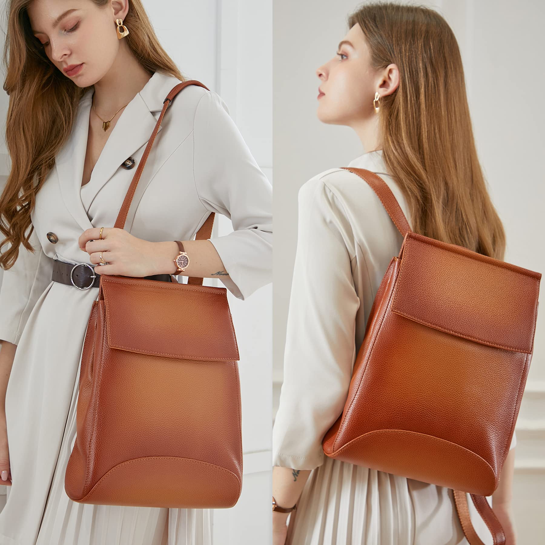 Genuine Leather Backpack Purse for Women - Lightweight Convertible Work Bag (Sorrel) - Office & Travel Use
