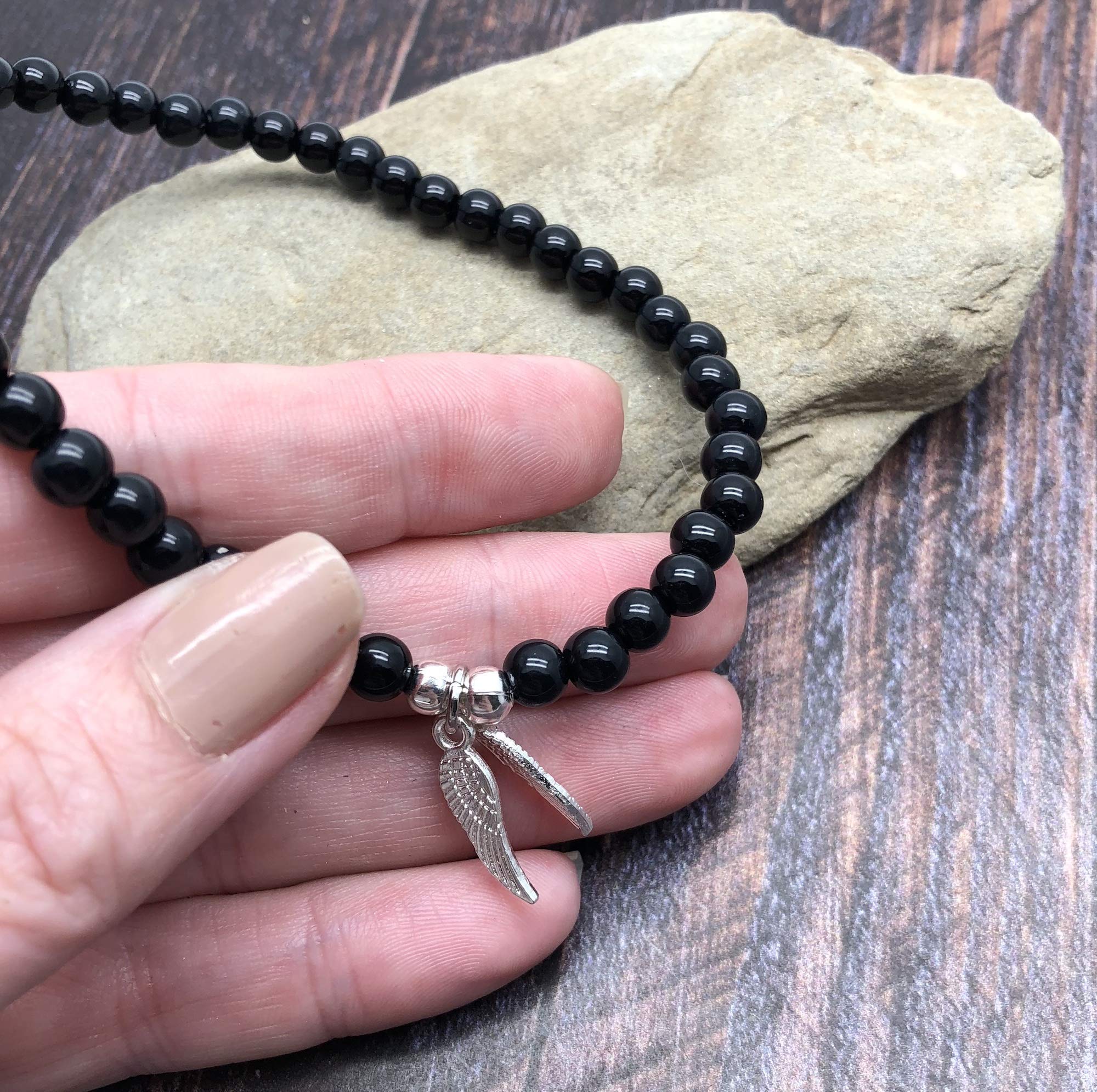Angel Wings Charm Anklet - 6mm Black Acrylic Beaded Elastic Ankle Bracelet for Women | Adjustable 10-inch Size M/L | Stylish Everyday & Beach Jewelry | Perfect for Summer Outfits, Vacations and Boho Fashion