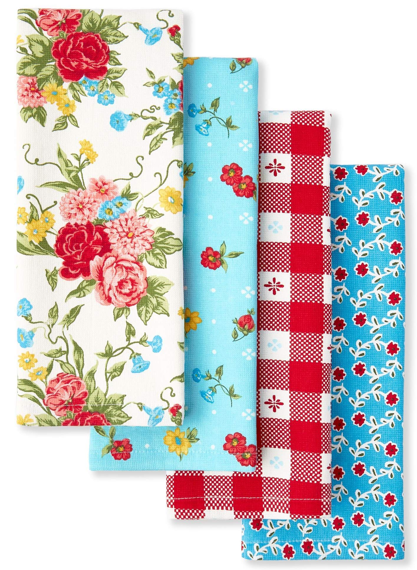 The Pioneer Woman Sweet Rose Kitchen Towels Set of 4 - Soft & Absorbent Cotton Dish Towels for Drying Dishes, Cleaning Countertops & Decorating Farmhouse Kitchens