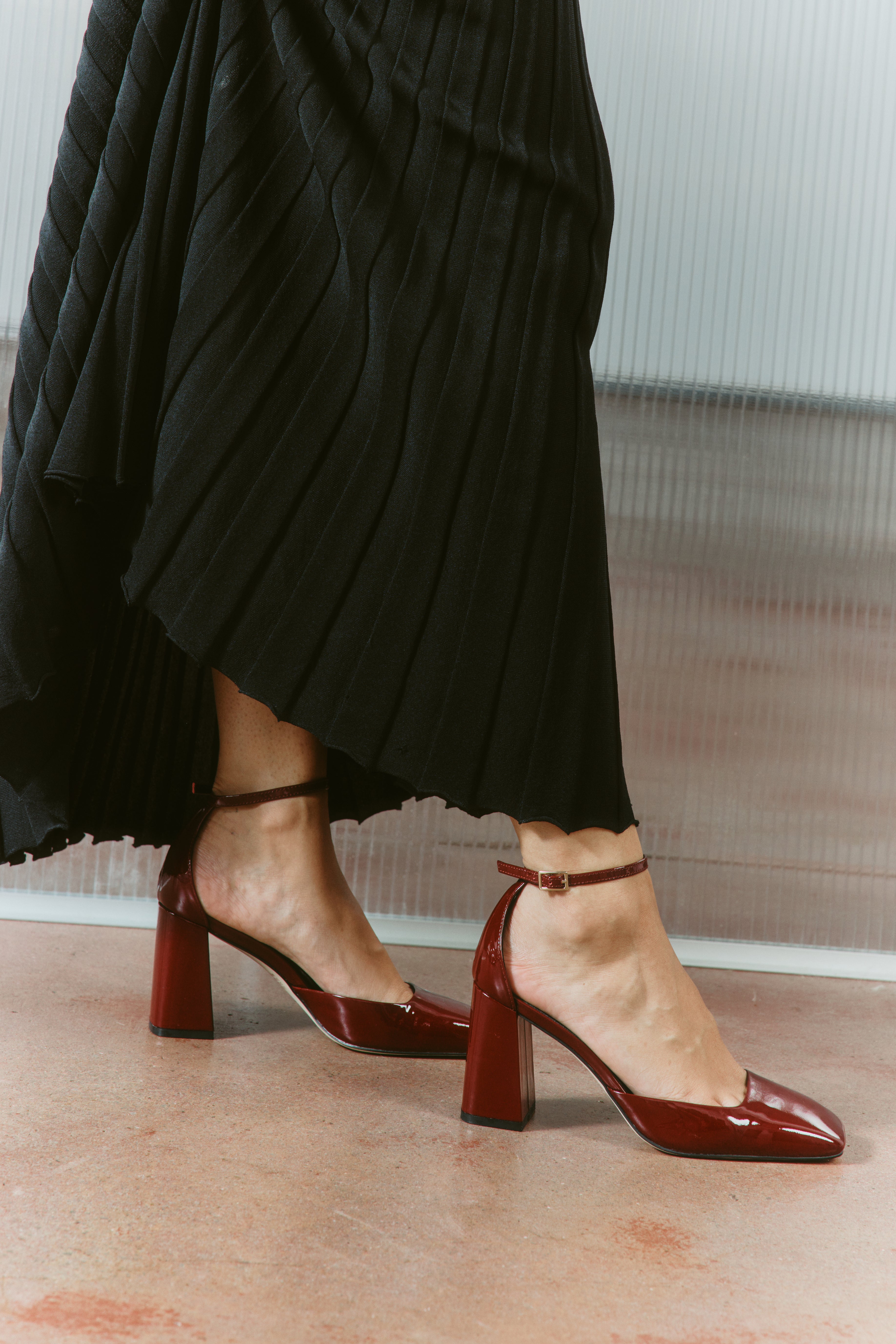 Travis Women's Closed Toe Block Heels - Wine Red Patent Leather Pumps for Work, Office & Special Occasions
