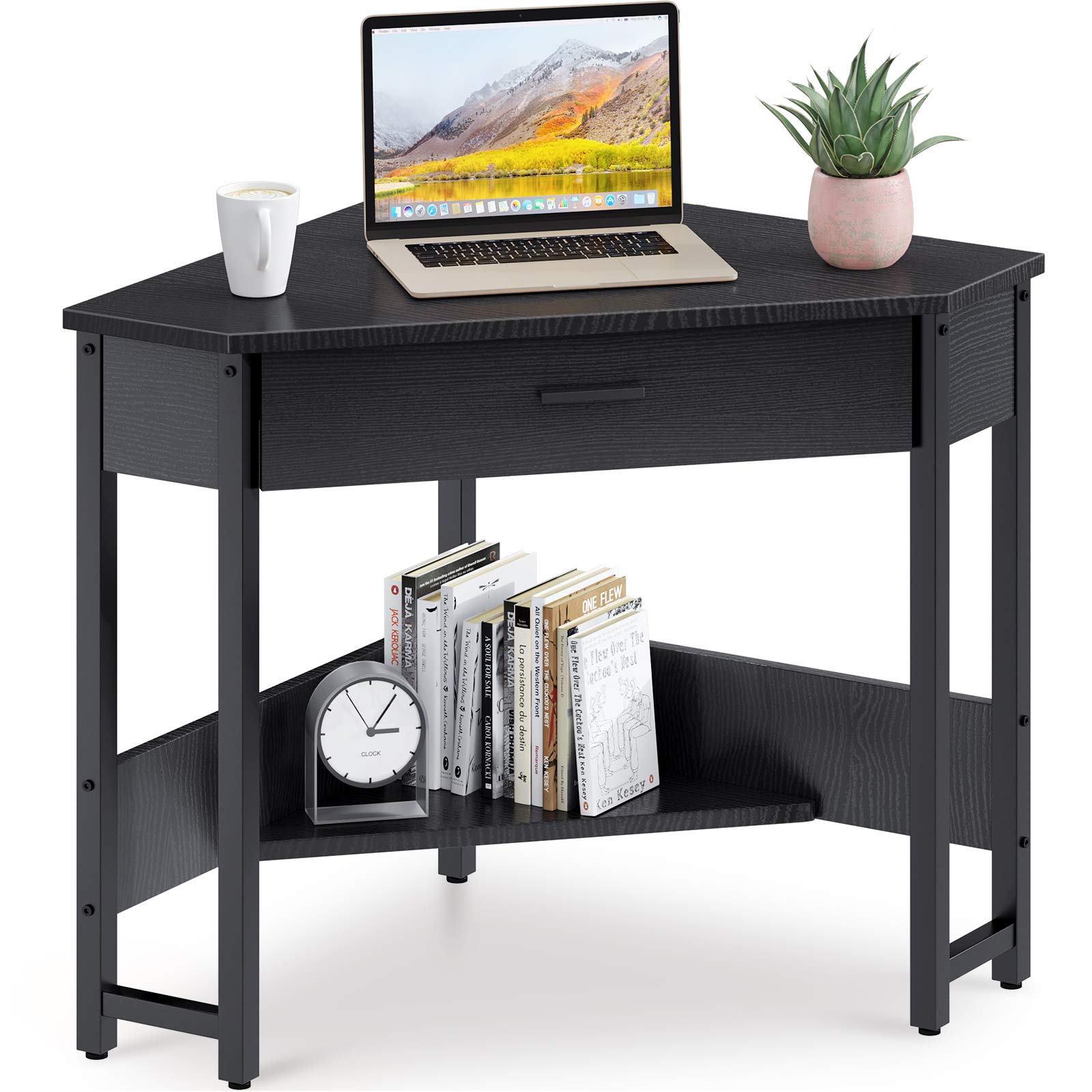 ODK Corner Desk - Triangle Computer Desk with Large Drawer & Storage Shelves, Small Space Writing Workstation for Home Office, Gaming Setup & Dorm Room