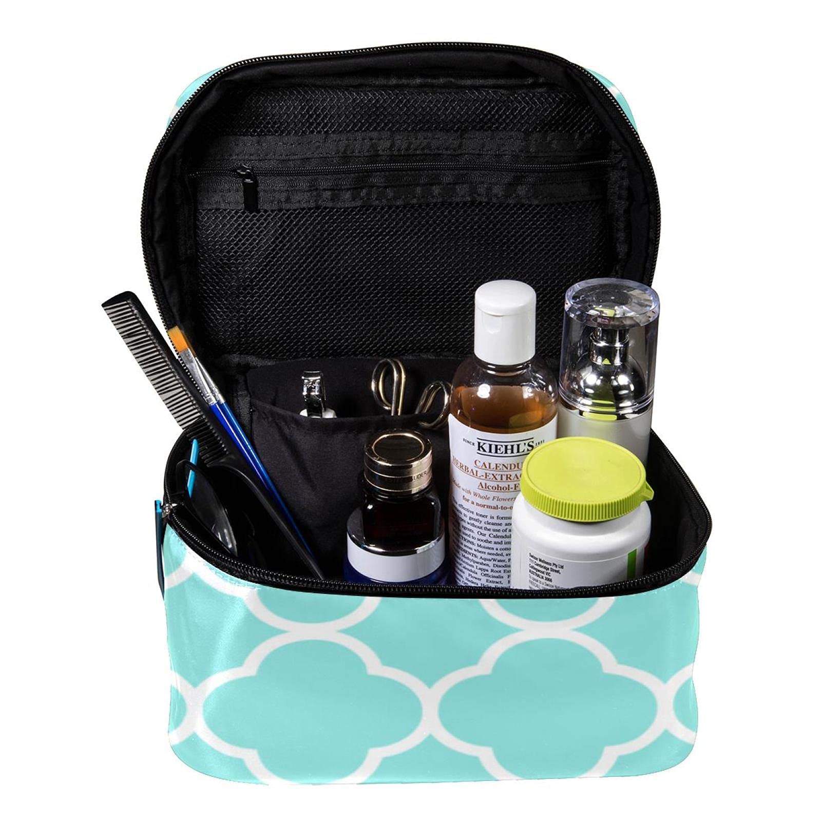 Aqua Green Quatrefoil Pattern Large Travel Makeup Bag - Waterproof Cosmetic Organizer Case with Zipper for Women & Girls | Perfect for Vacation, Gym, Business Trips & Daily Essentials Storage