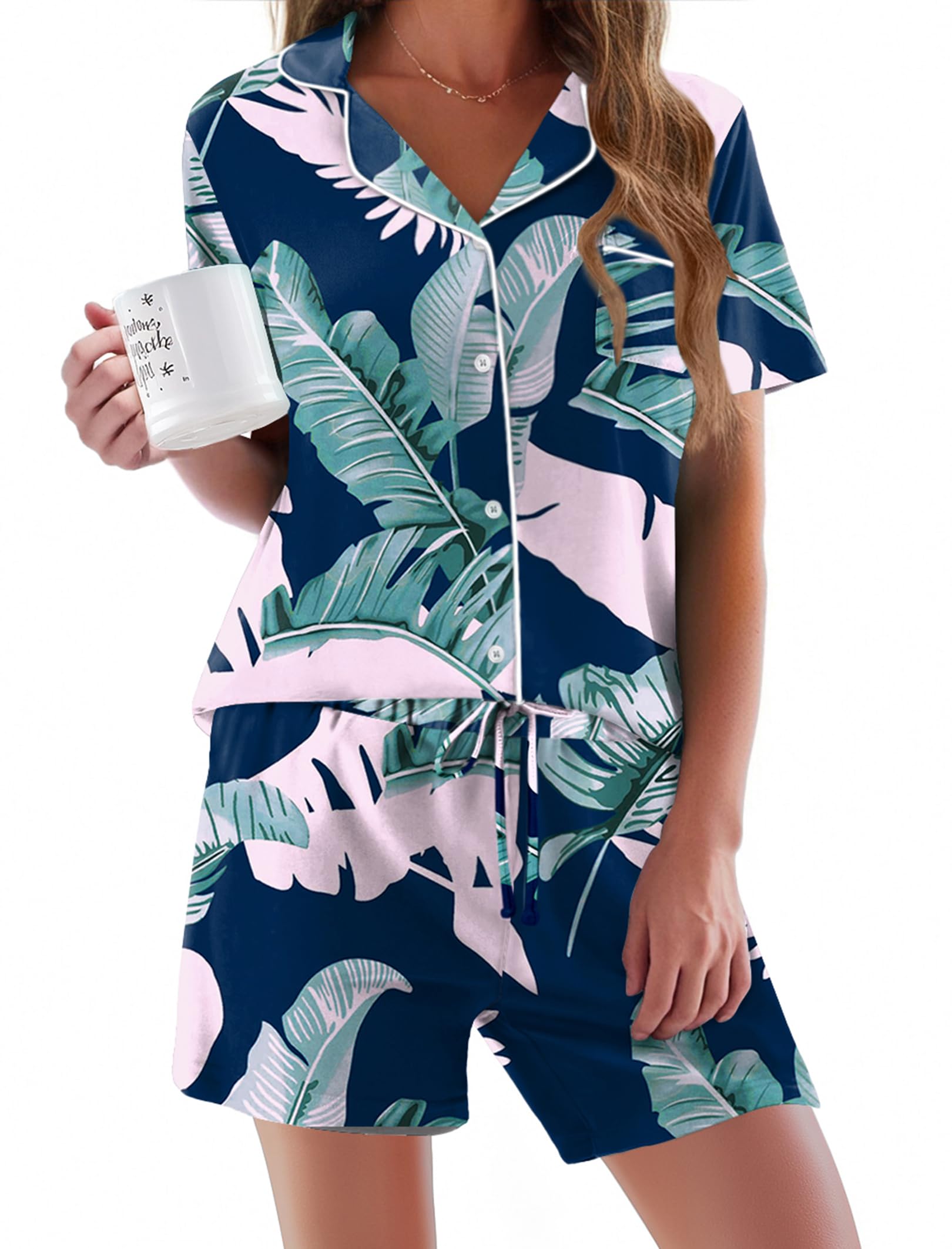 Ekouaer Women's Soft Short Sleeve Pajama Set - 2 Piece Button Down Sleepwear & Lounge Outfit for Comfortable Nights, Relaxing at Home, and Cozy Weekends