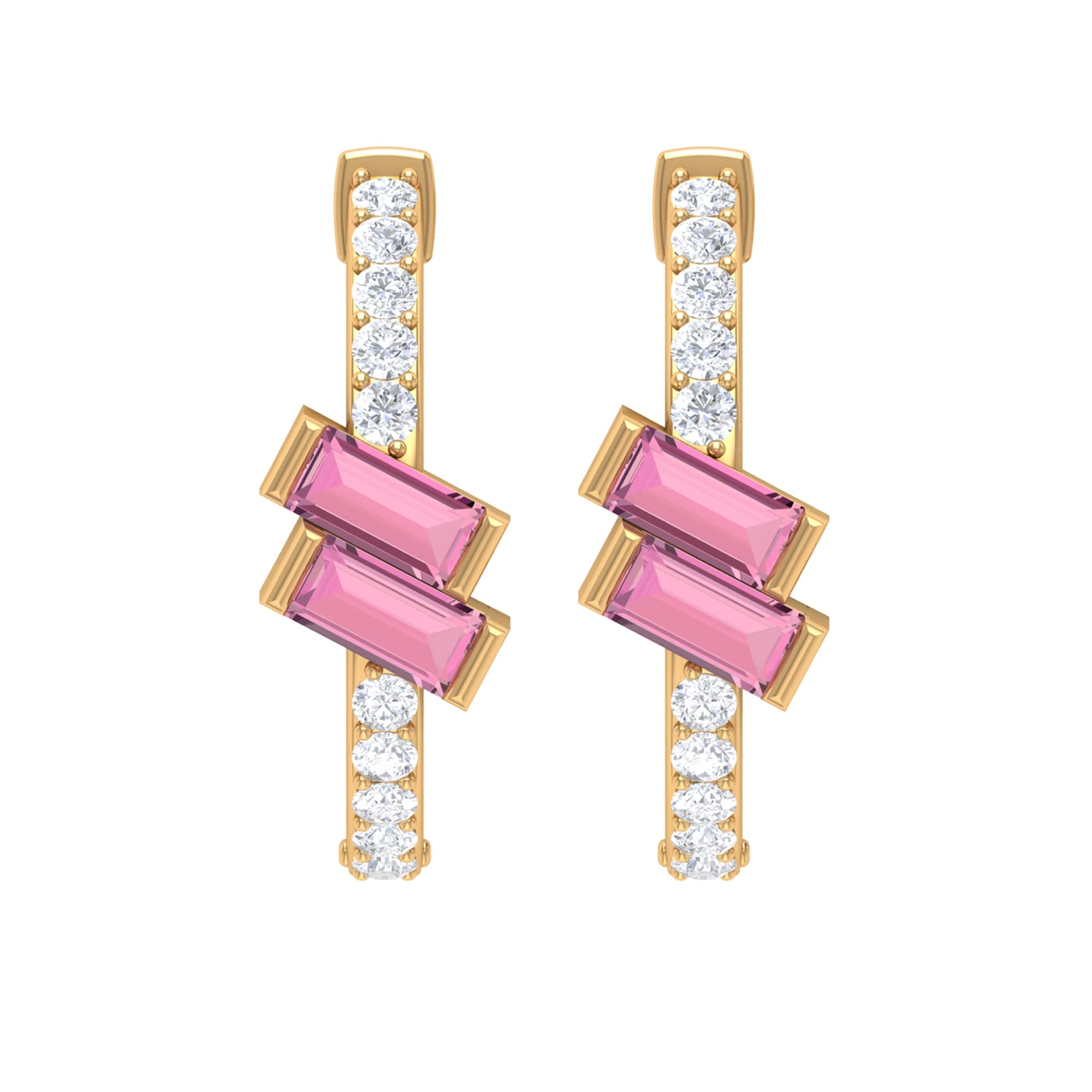 3/4 CT Pink Tourmaline & Diamond Hoop Earrings for Women - 14K Solid Gold Minimalist Bar Set Baguette Stud Earrings | Perfect for Weddings, Date Nights & Special Occasions