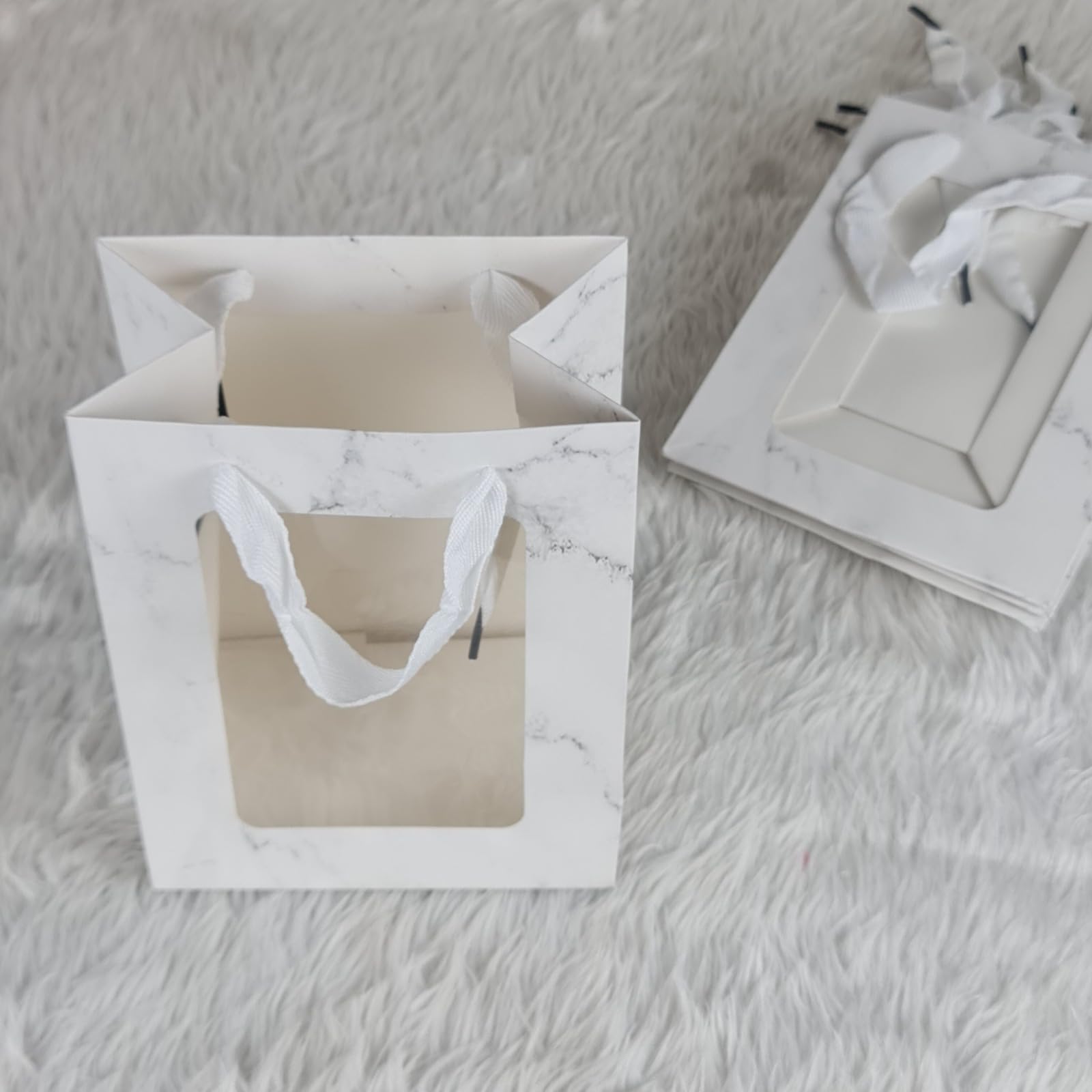 6-Piece Marble Print Transparent Gift Bags with Handles - Elegant Goodie Bags for Shopping, Weddings, Birthdays & Special Events | Perfect for Valentine's Gifts, Engagement Presents & Party Favors (White, Small)