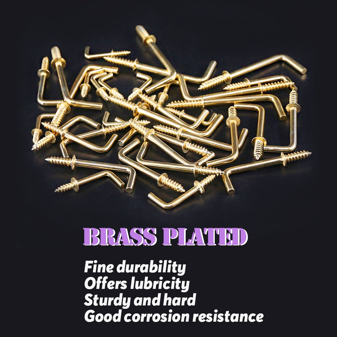 120Pcs 6 Sizes Gold Brass Plated Metal Screw-in Square Bend Hooks Kit - Heavy Duty Self-Tapping Screw Hooks for Wall, Door, Cabinet - Perfect for Home, Office, Kitchen, Bathroom Organization & Decoration