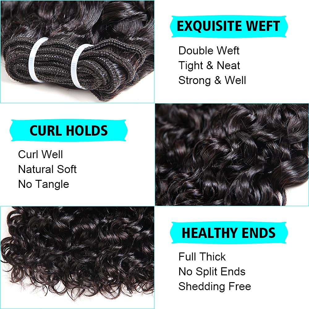 UDU 9A Brazilian Virgin Human Hair Bundles with Closure - Water Wave Curly Hair Extensions, 100% Natural Black, 50g/Bundle (8 8 8+8Closure) for Stunning Beach Waves & Everyday Glamorous Look