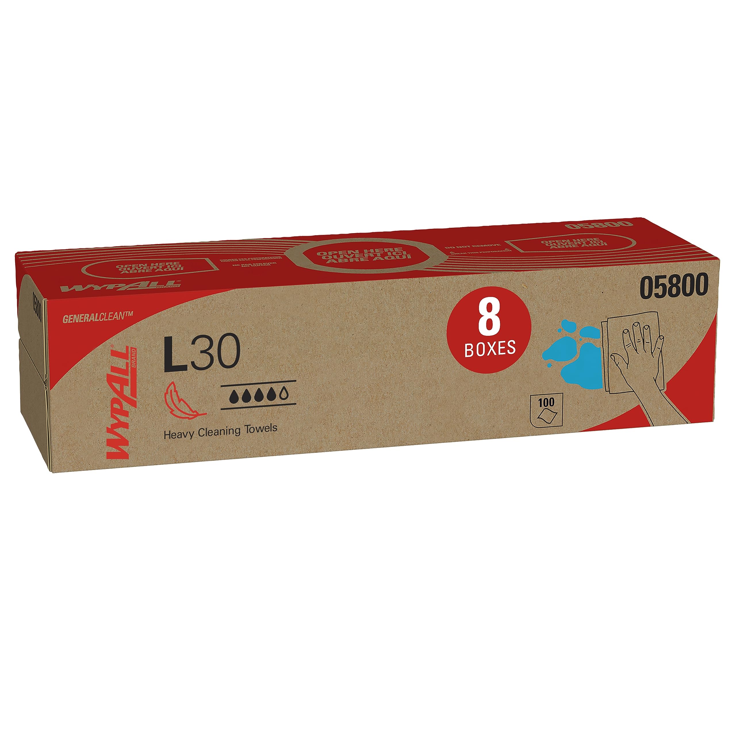 WypAll GeneralClean L30 Heavy Duty Cleaning Wipes (05800) - 8 Packs of 100 Sheets (800 Total) | Strong & Soft White Towels in Pop-Up Box | Ideal for Industrial, Garage & Workshop Cleaning