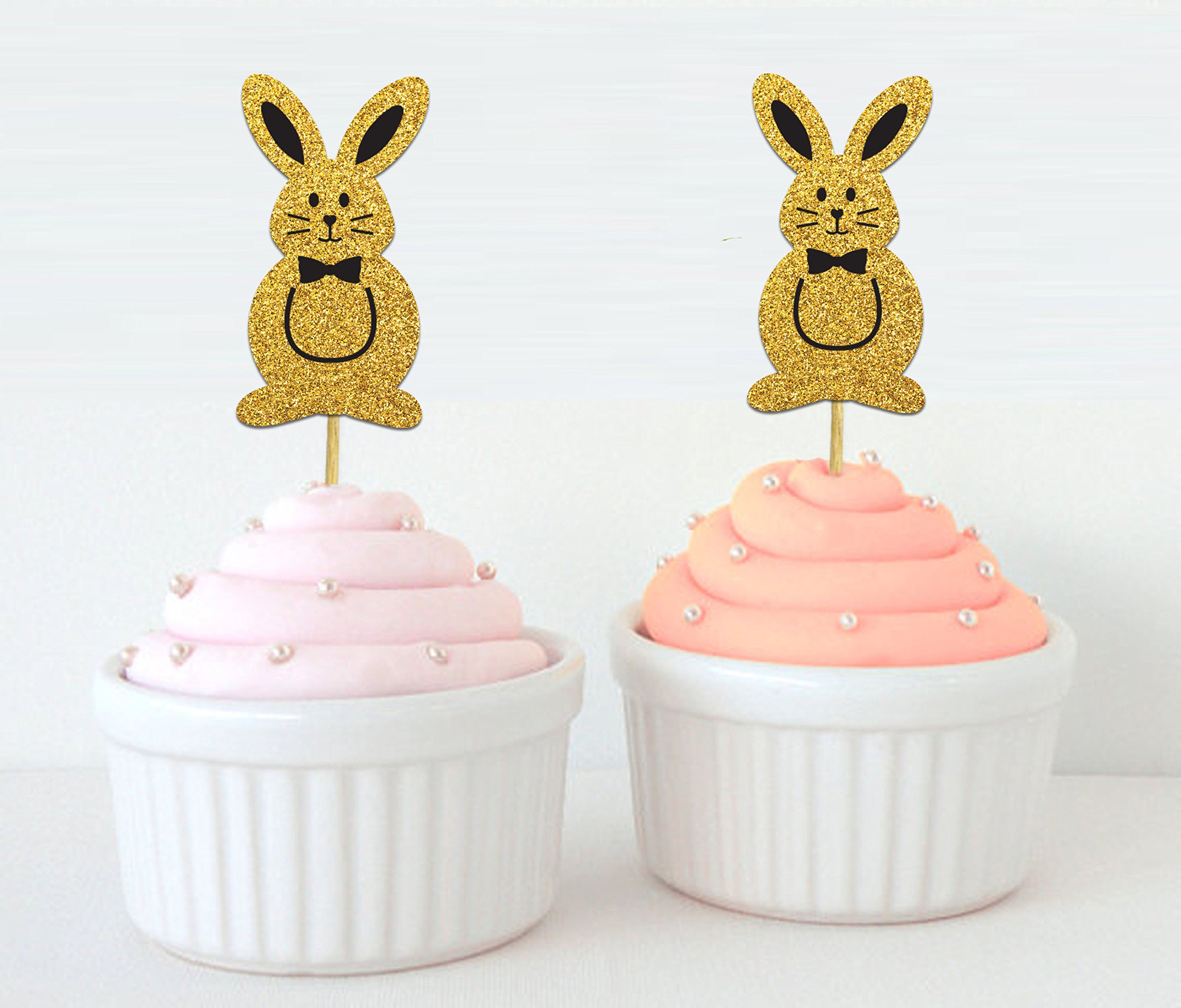 Glitter Gold Easter Bunny Rabbit Cupcake Toppers - 40pcs Edible Cake Decorations for Easter Desserts, Party Treats & Holiday Baking