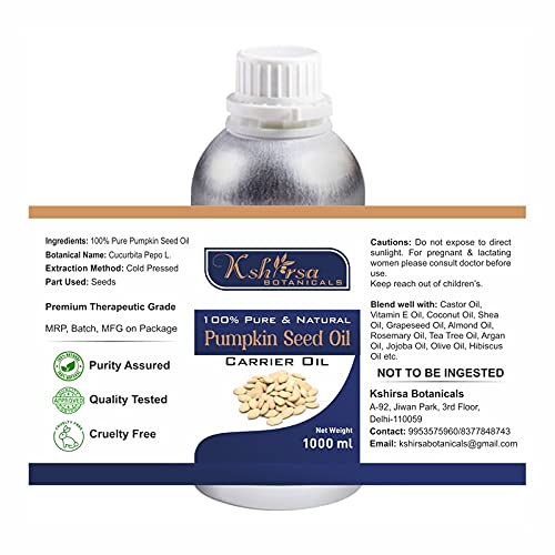 Organic Cold Pressed Pumpkin Seed Oil (Cucurbita Pepo L.) 1000ml - 100% Pure, Therapeutic Grade for Skin Care & Hair Growth - Includes Plastic Euro Dropper - Perfect for DIY Beauty Recipes, Massage & Aromatherapy